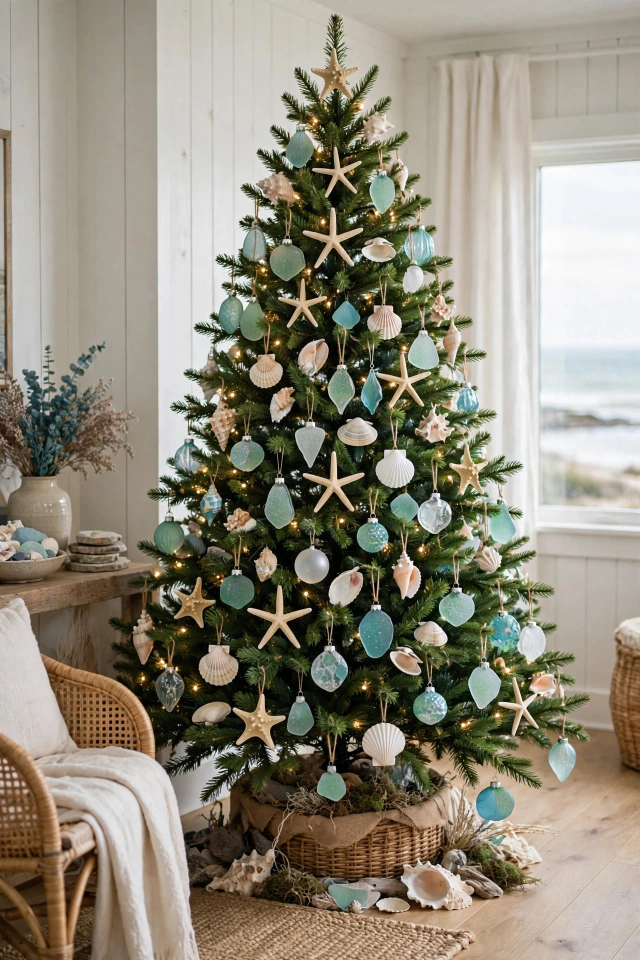 Coastal Christmas tree with shells and sea-glass ornaments