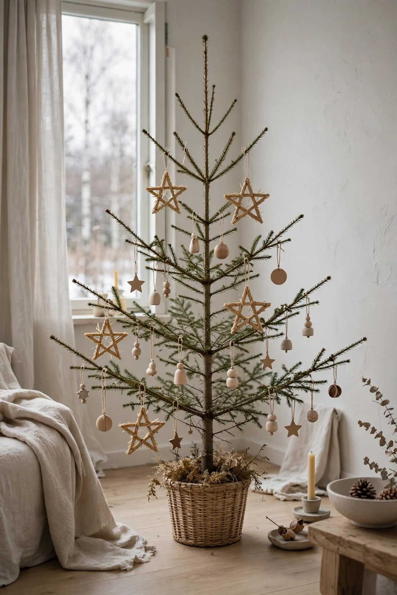 Nordic minimalist Christmas tree with straw ornaments