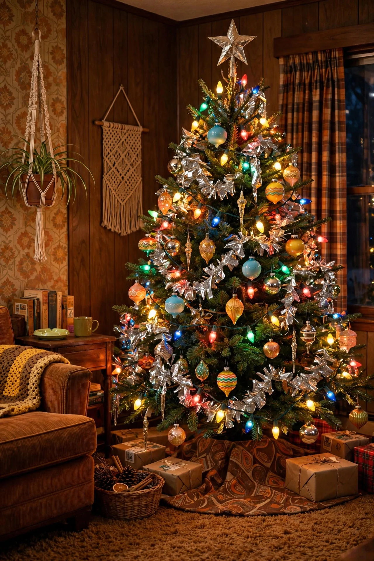 Retro 1970s kitsch Christmas tree with tinsel