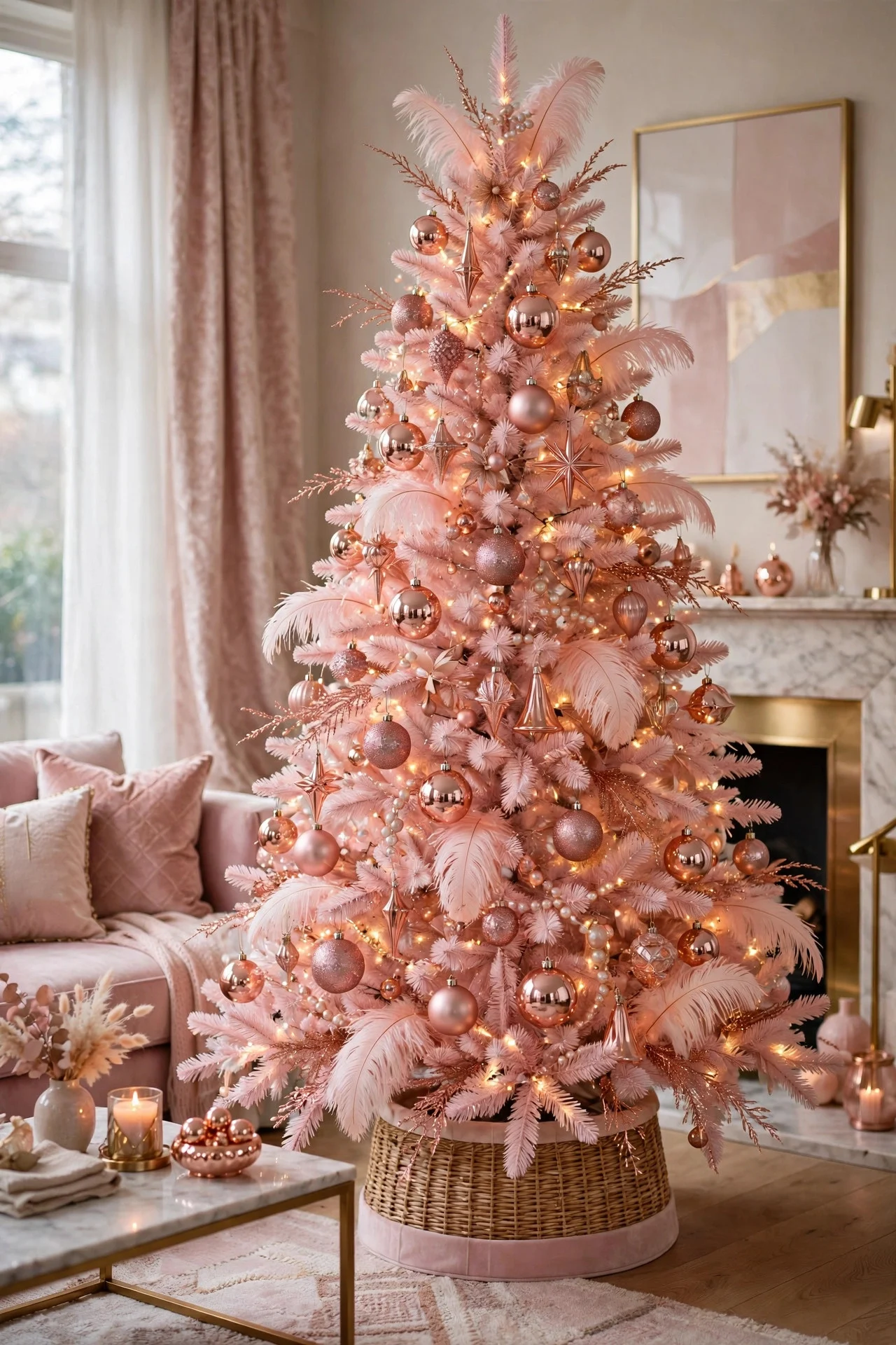 Blush pink glam Christmas tree with rose gold ornaments