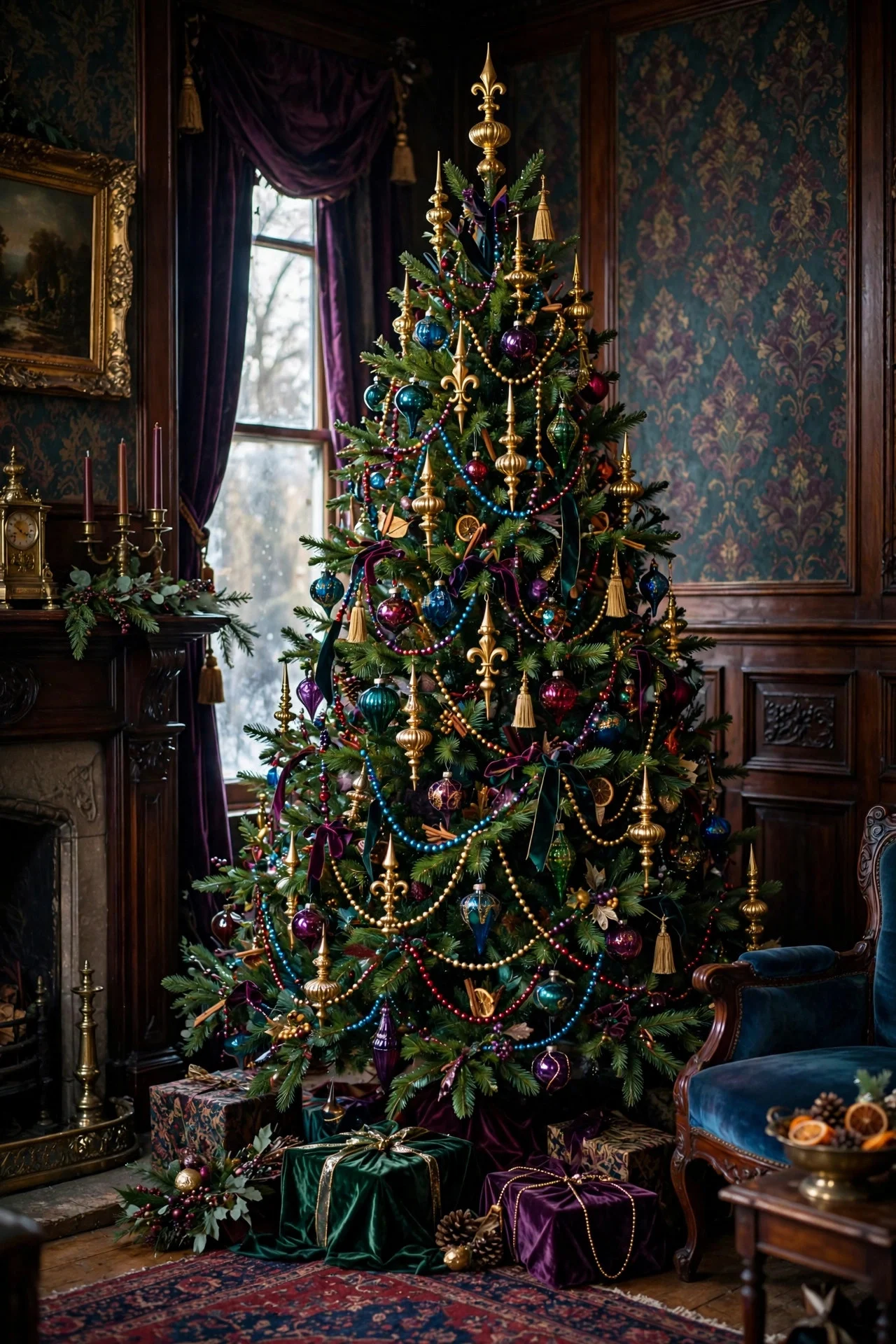 Victorian jewel-tone Christmas tree with gold finials
