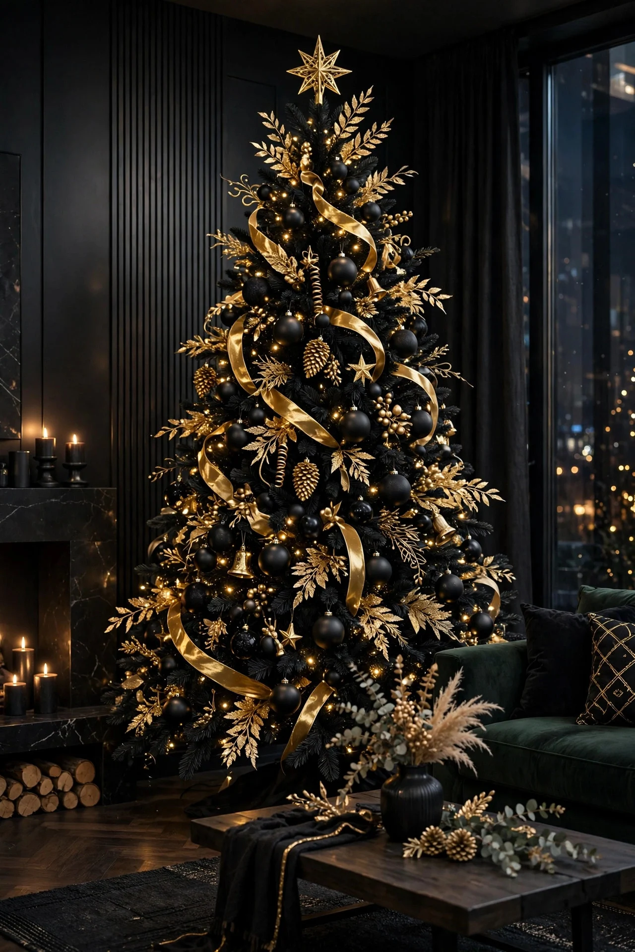 Black and gold dramatic Christmas tree
