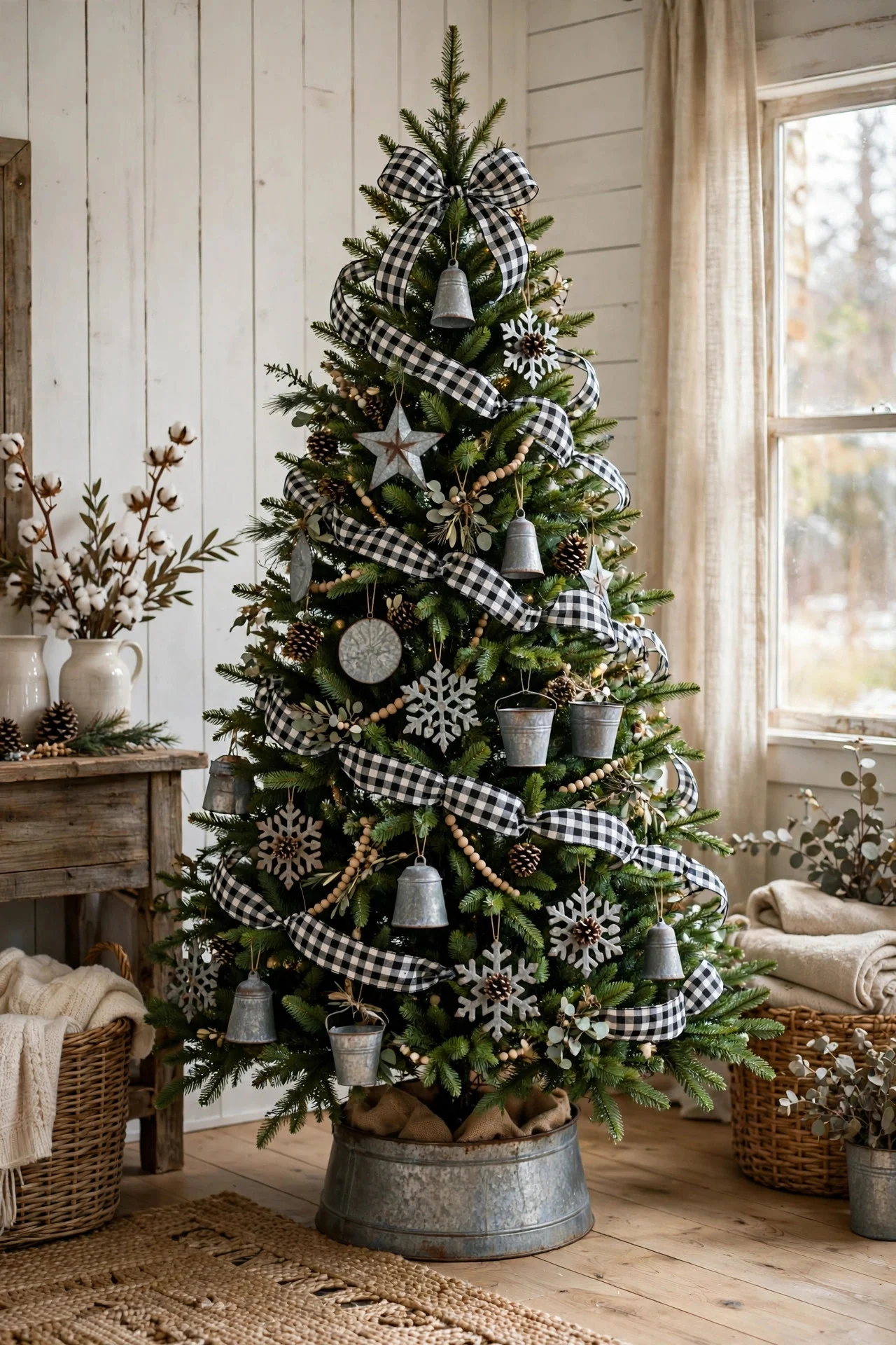 Farmhouse Christmas tree with buffalo check ribbon