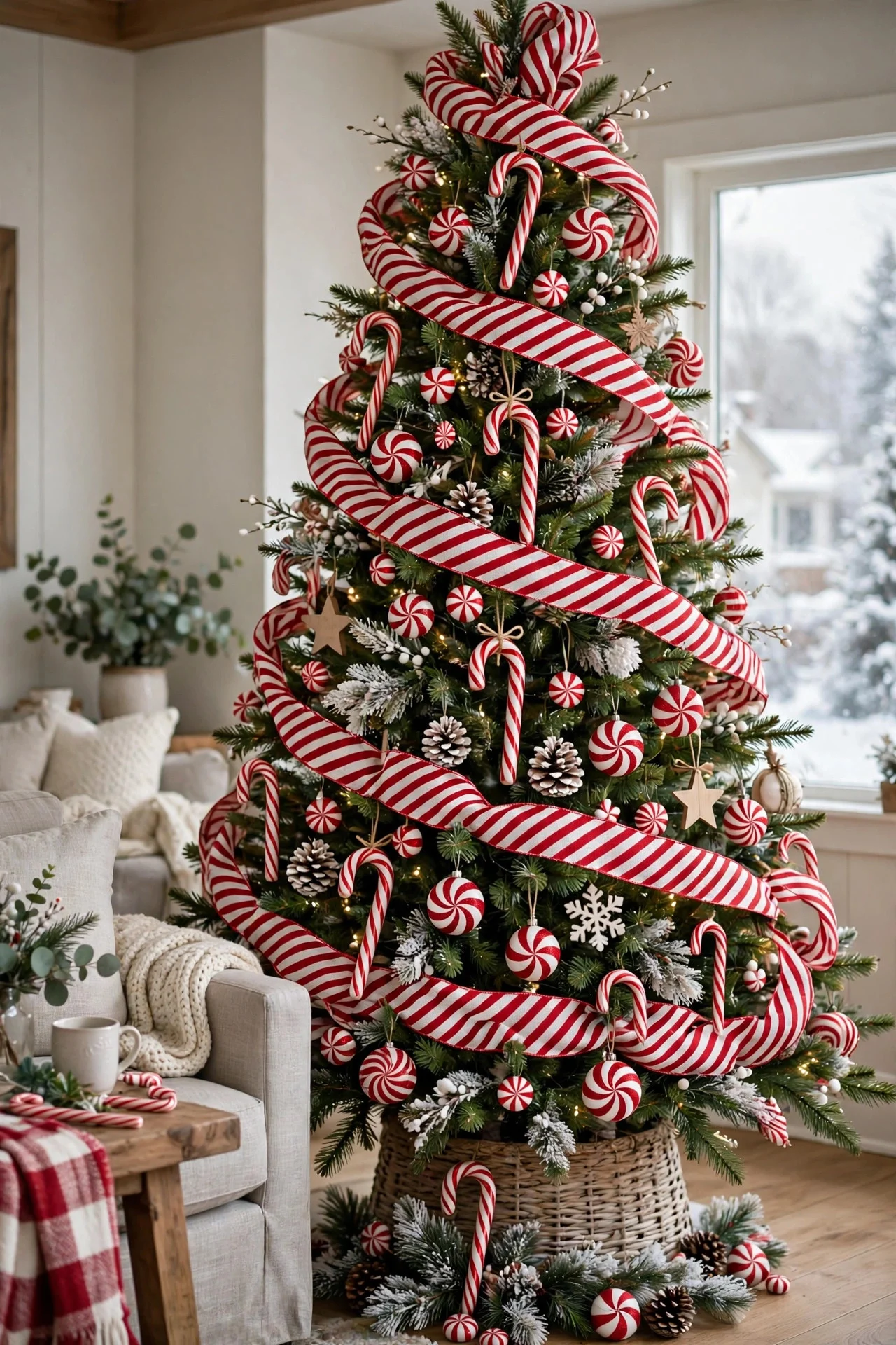 Candy cane red and white themed Christmas tree
