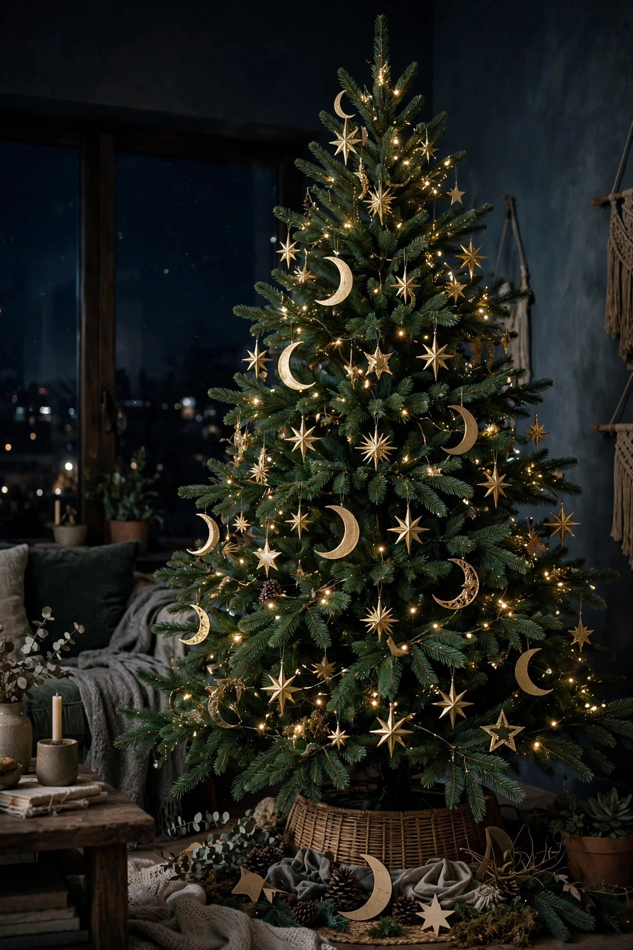 Celestial night-sky Christmas tree with moons and stars