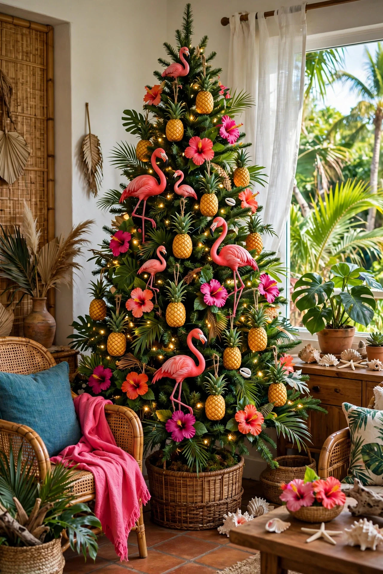 Tropical Christmas tree with flamingo and pineapple ornaments
