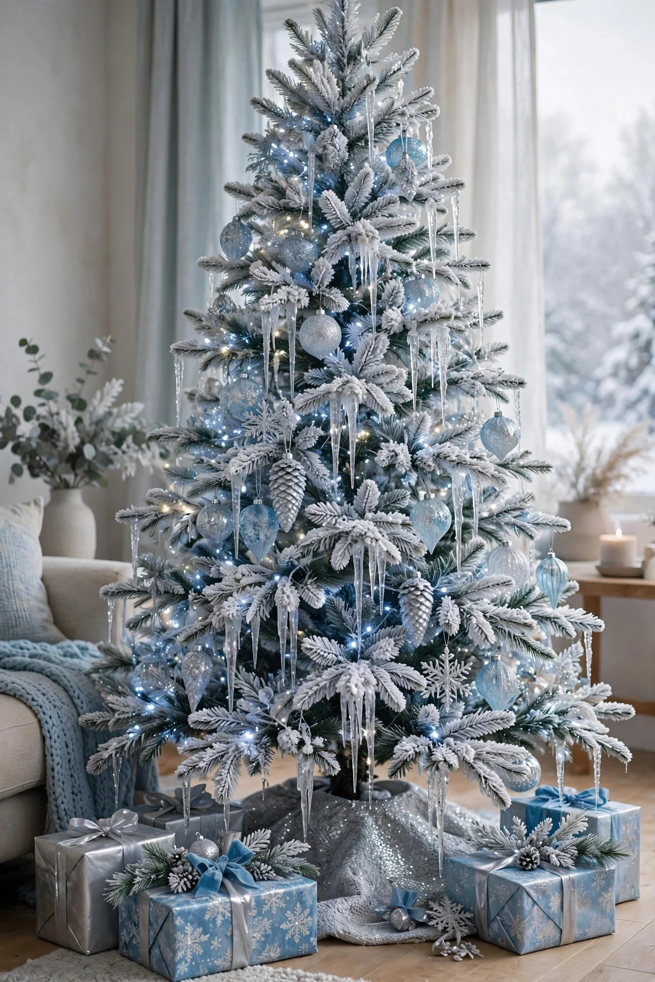 Silver and ice blue winter Christmas tree