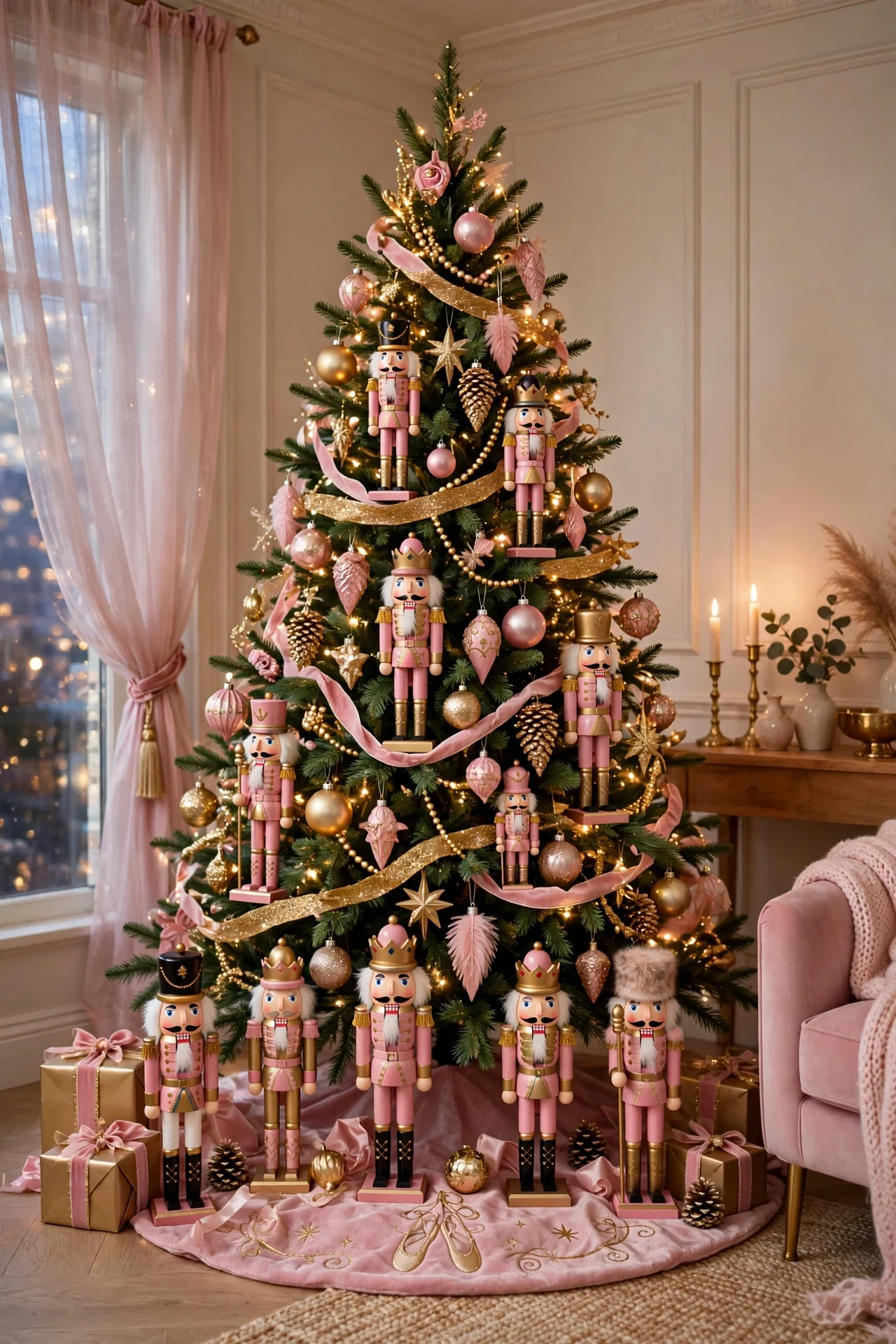 Nutcracker ballet themed Christmas tree in pink and gold