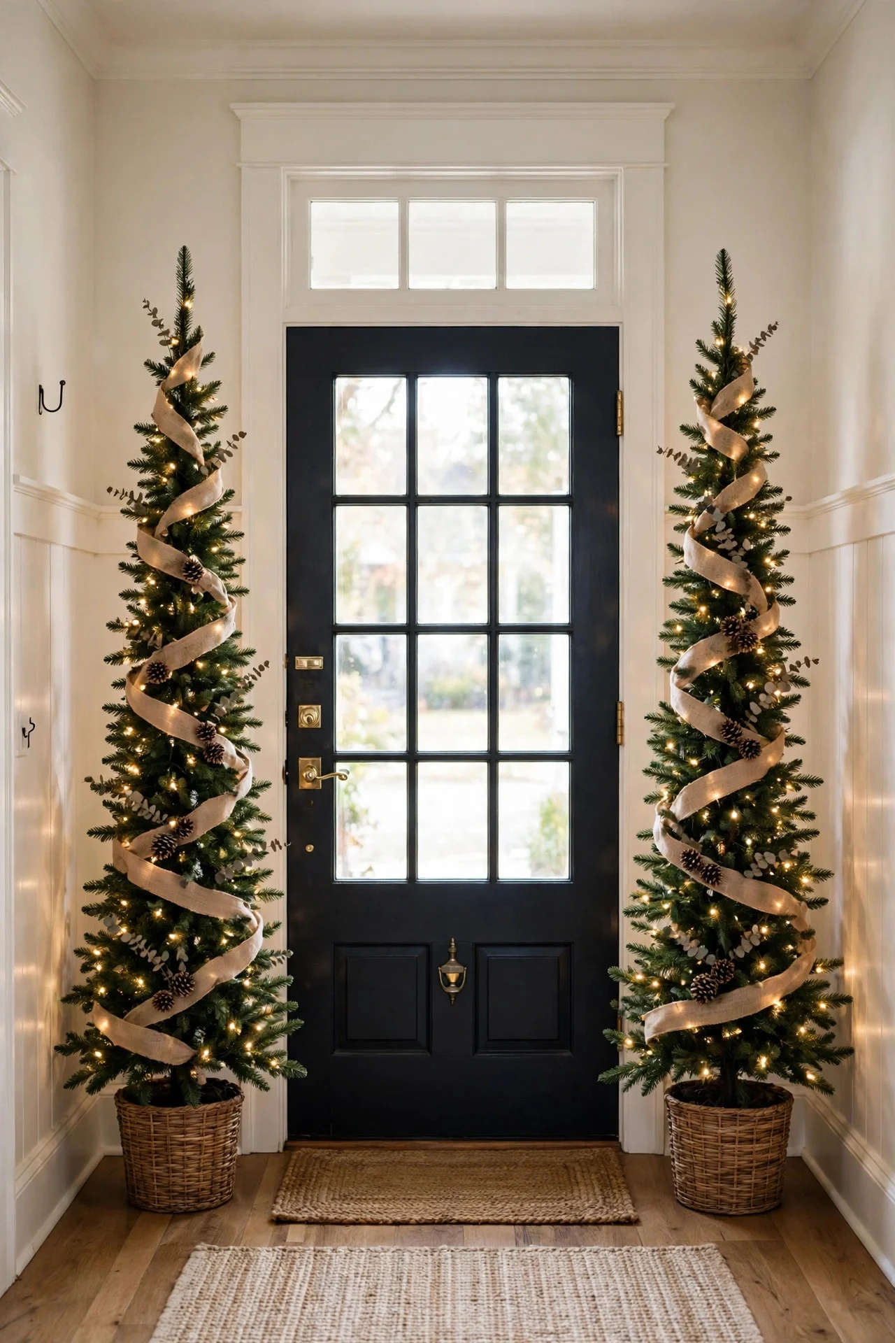 Pair of pencil Christmas trees flanking a front door