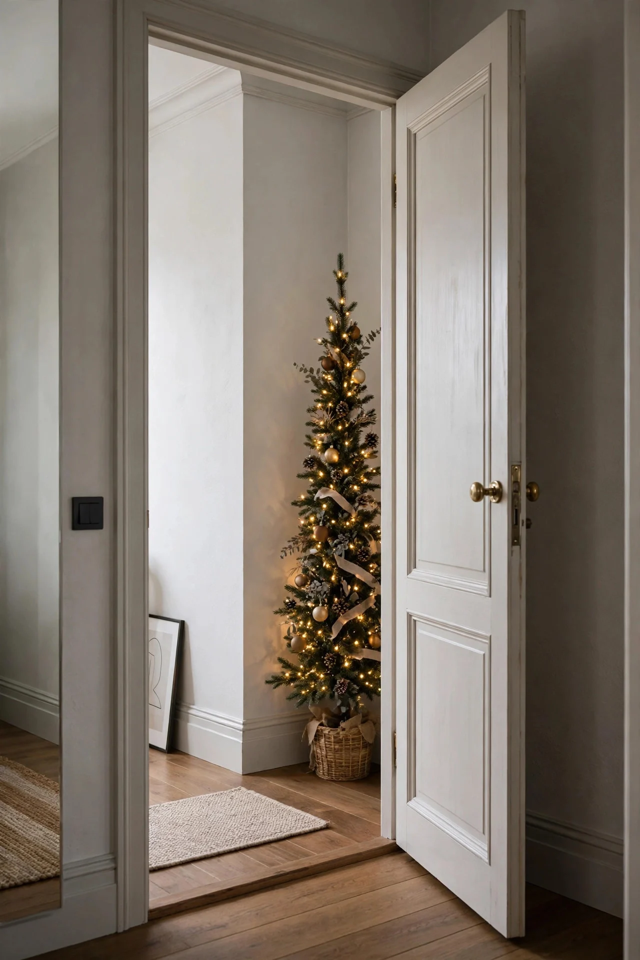 Pencil Christmas tree in the corner behind a door