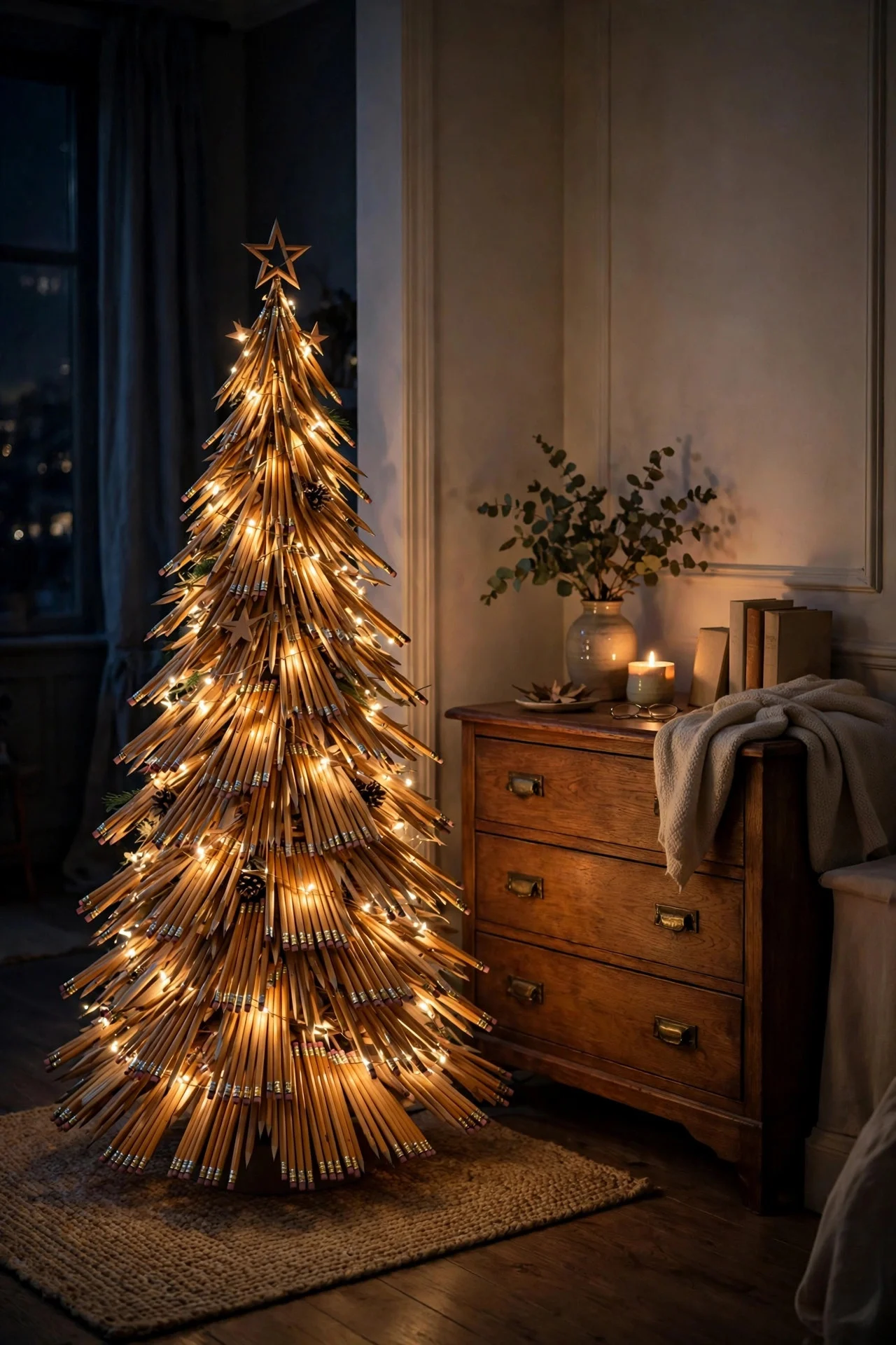 Pencil Christmas tree glowing in a bedroom corner