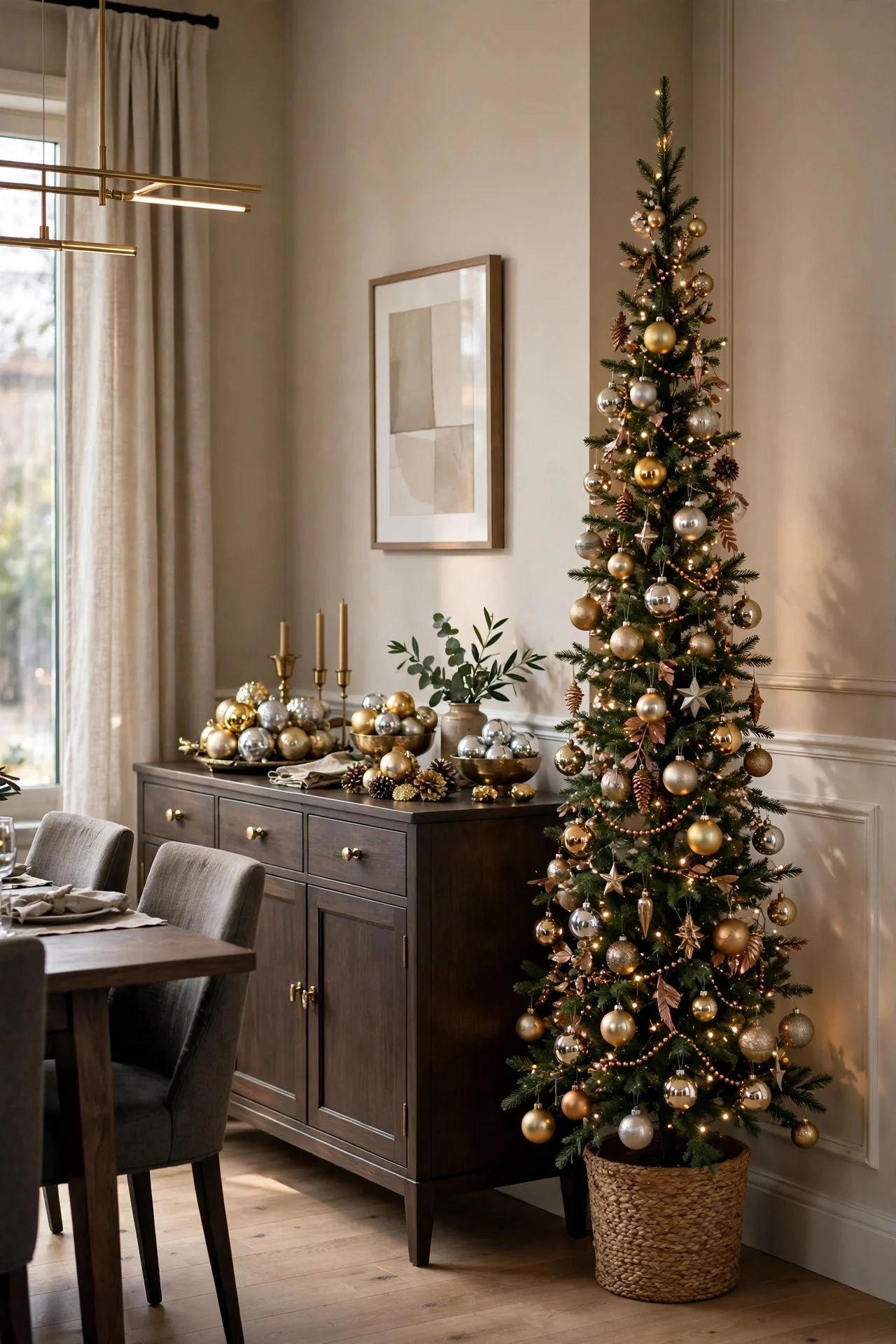 Pencil Christmas tree in a dining room corner