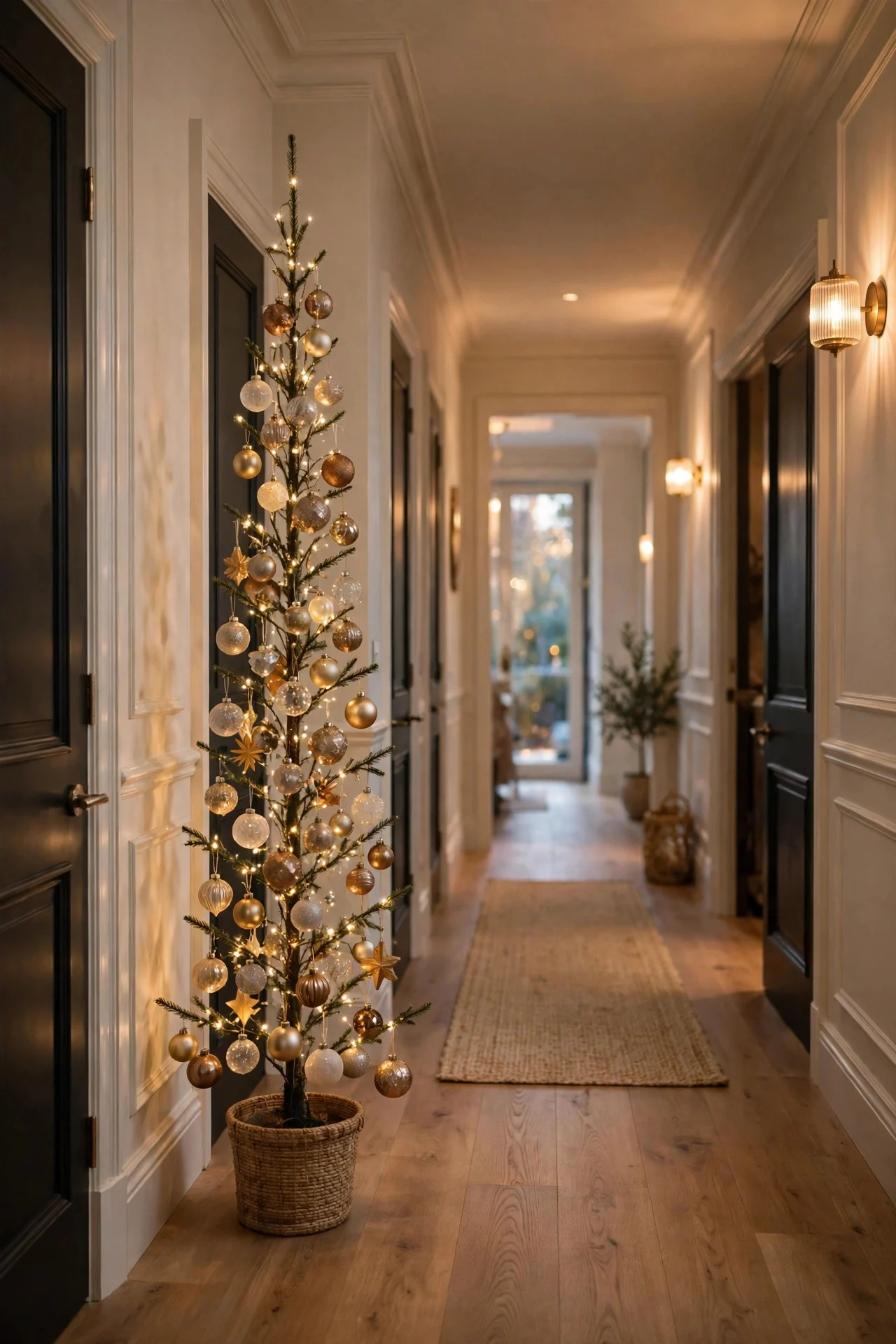Skinny Christmas tree styled in a hallway