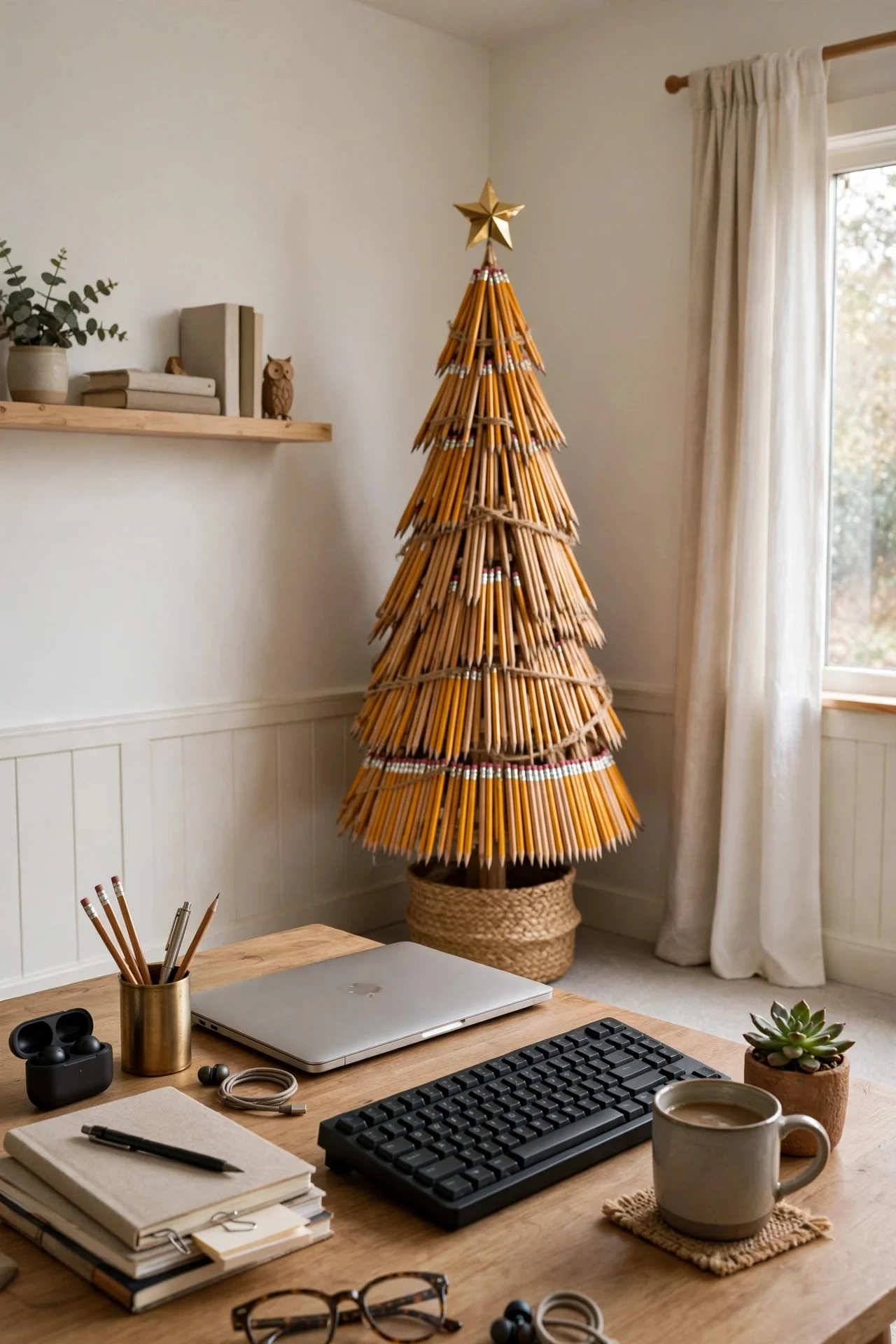 Pencil Christmas tree in a home-office corner