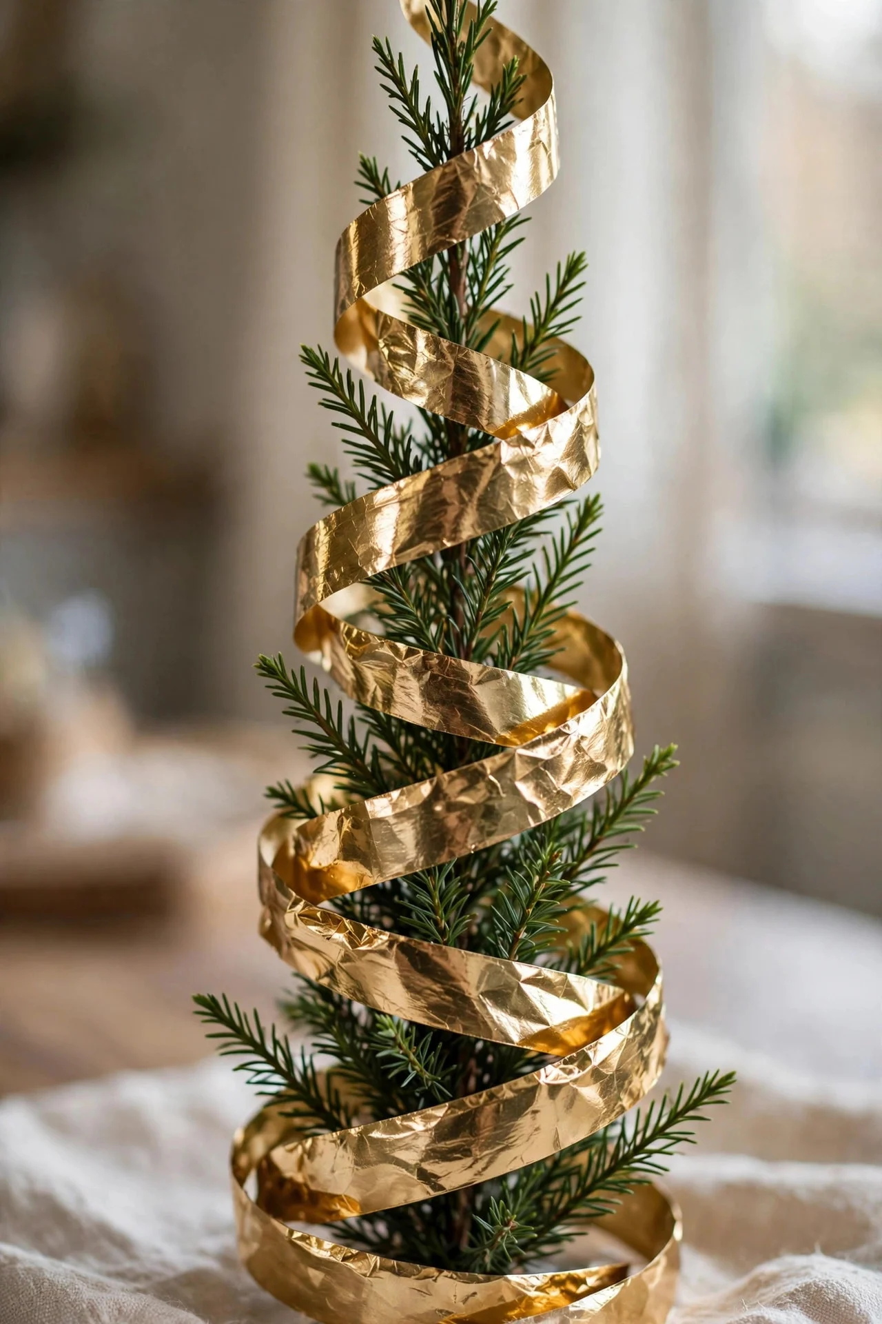 Spiral ribbon wrap on a pencil Christmas tree