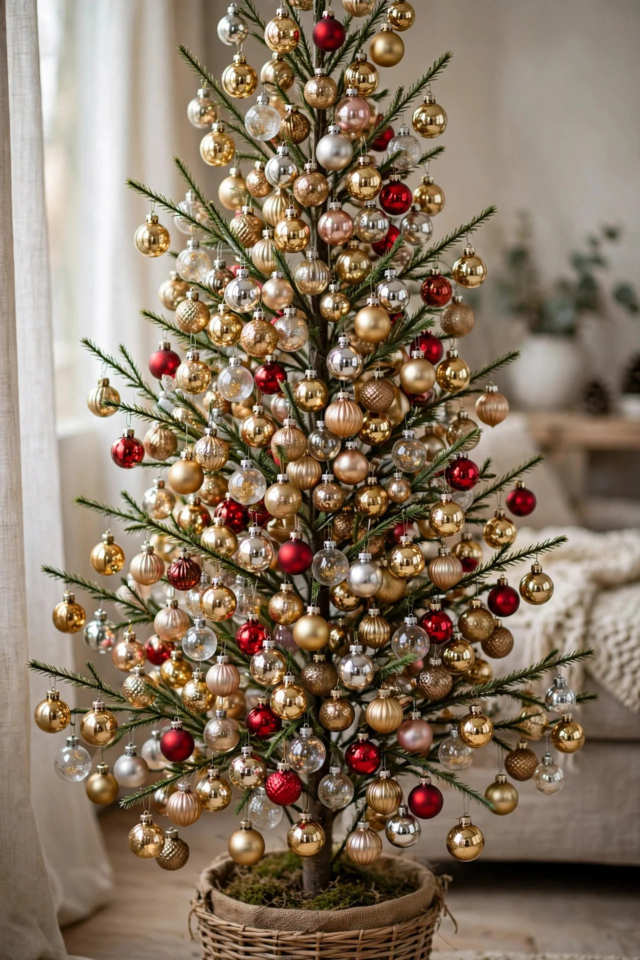 Small ornaments hung densely on a pencil tree