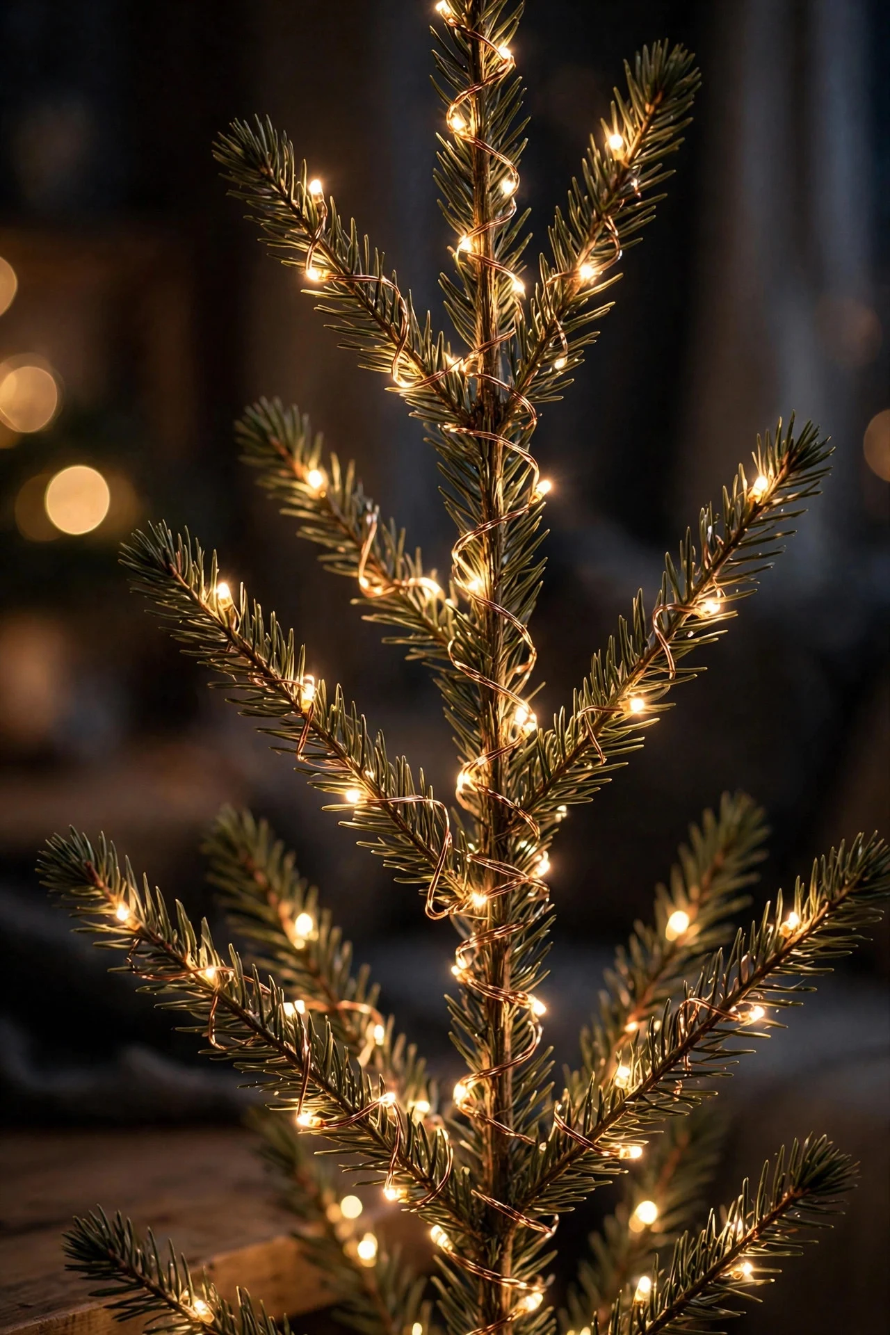 Lights wrapped tightly on a pencil Christmas tree