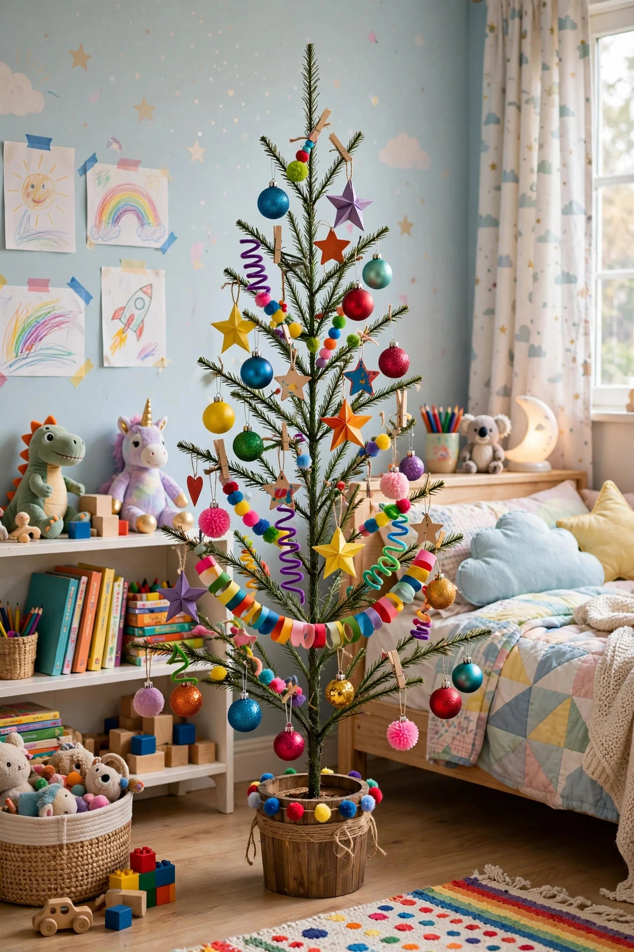 Kid-decorated pencil Christmas tree in a child's bedroom