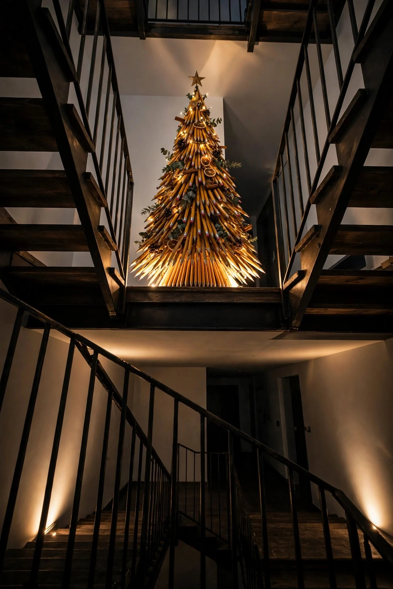 Pencil Christmas tree on a stair landing