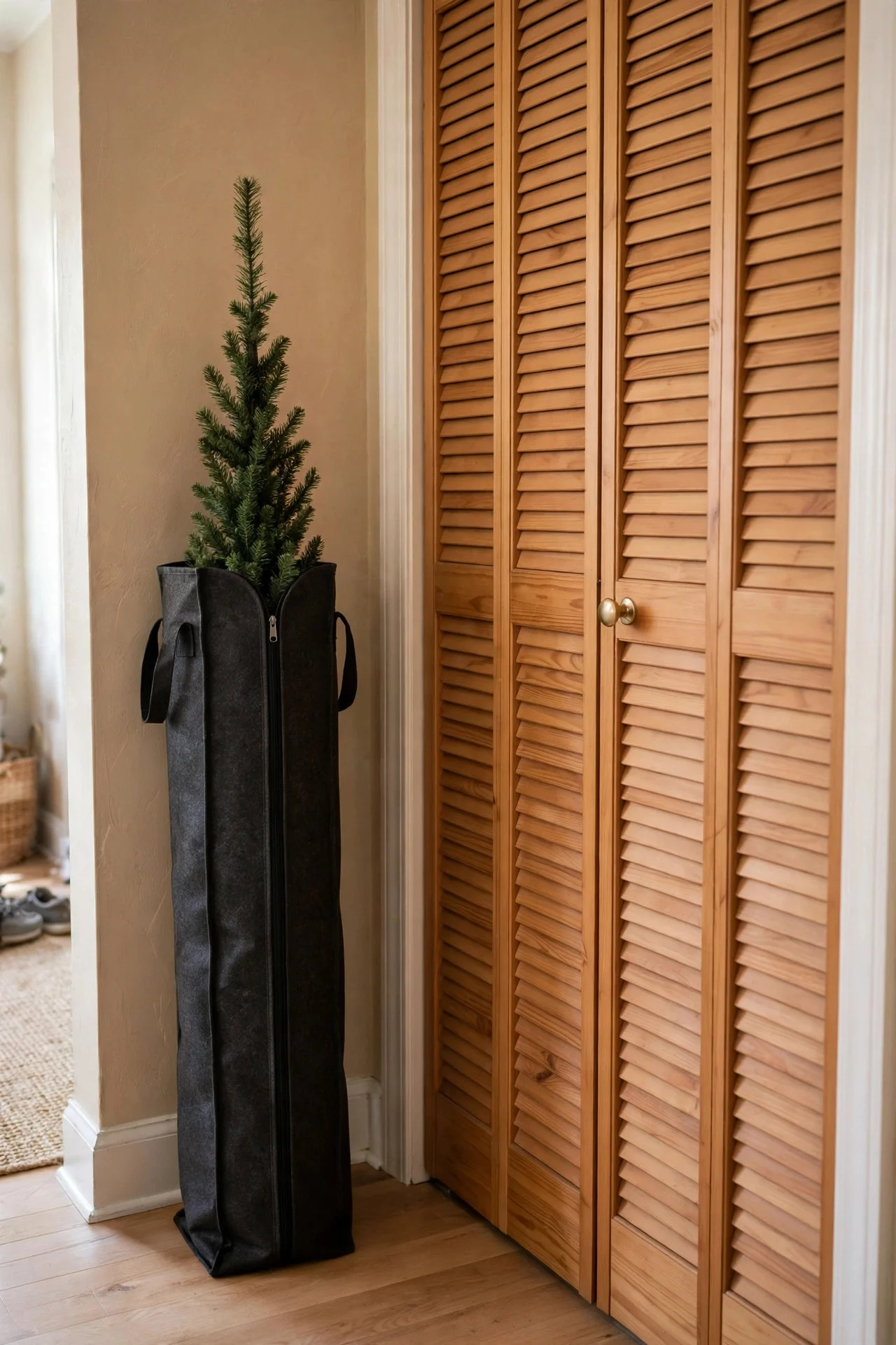 Pencil Christmas tree stored in a slim storage bag