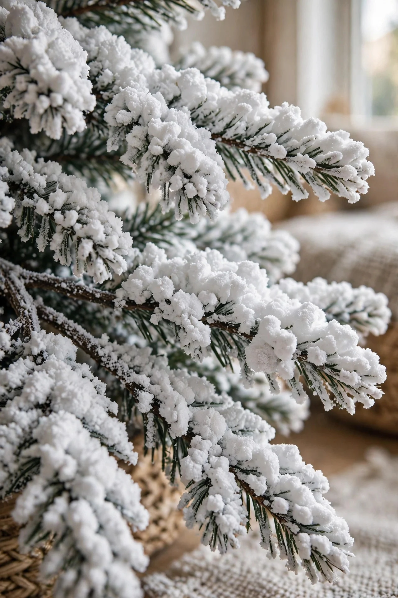 Close-up of snow-flocked Christmas tree branches