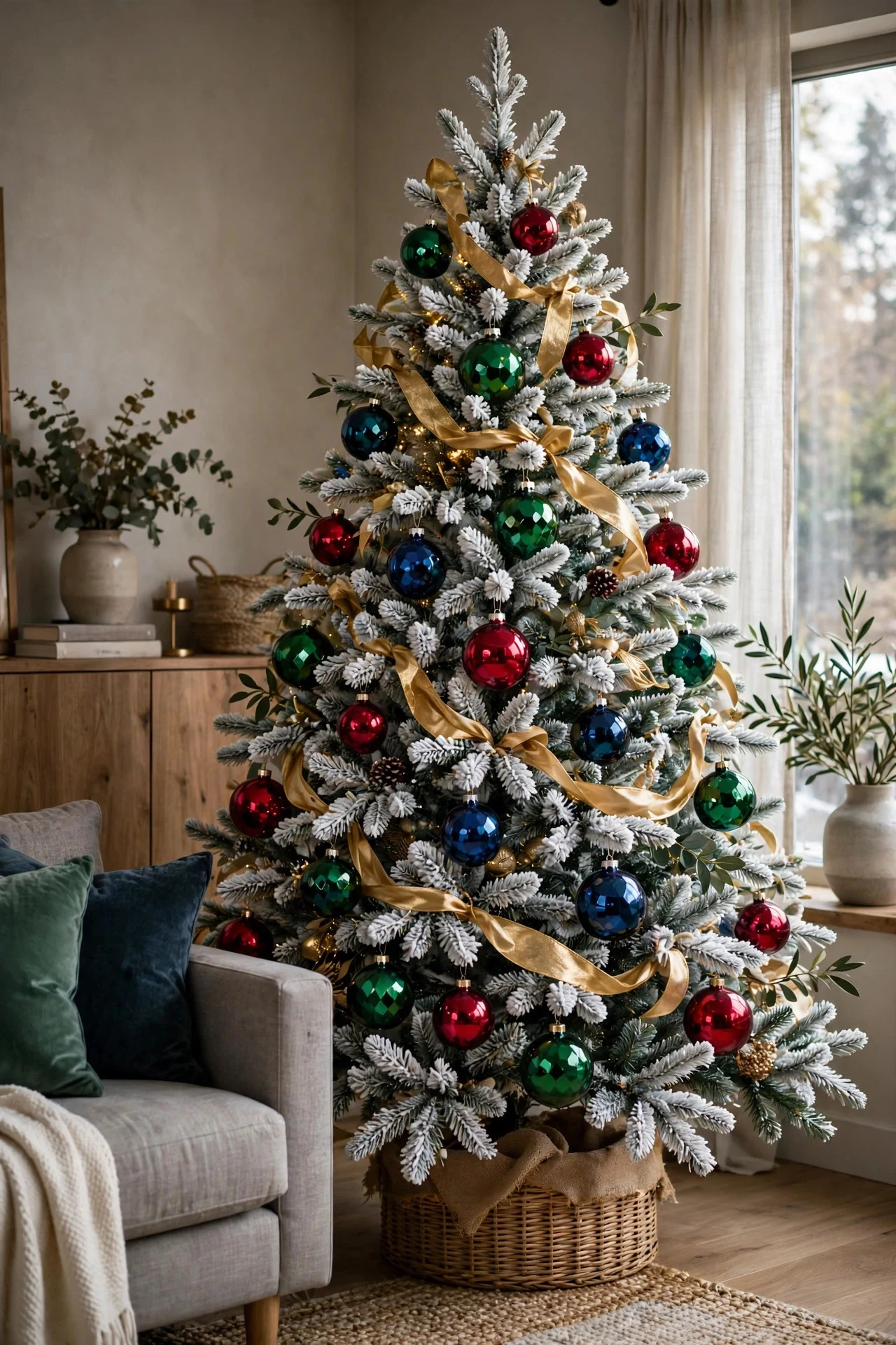 Flocked Christmas tree with jewel-tone ornaments
