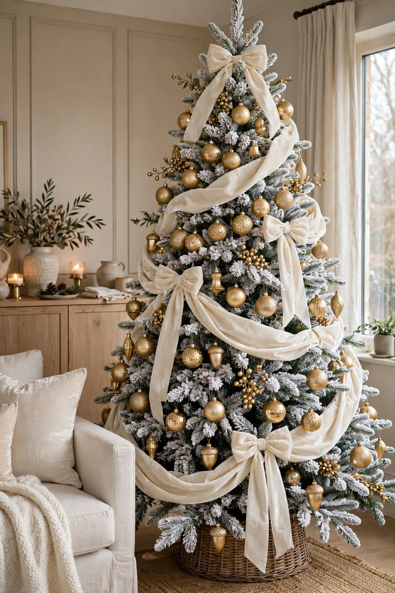 Flocked Christmas tree with gold and champagne ornaments