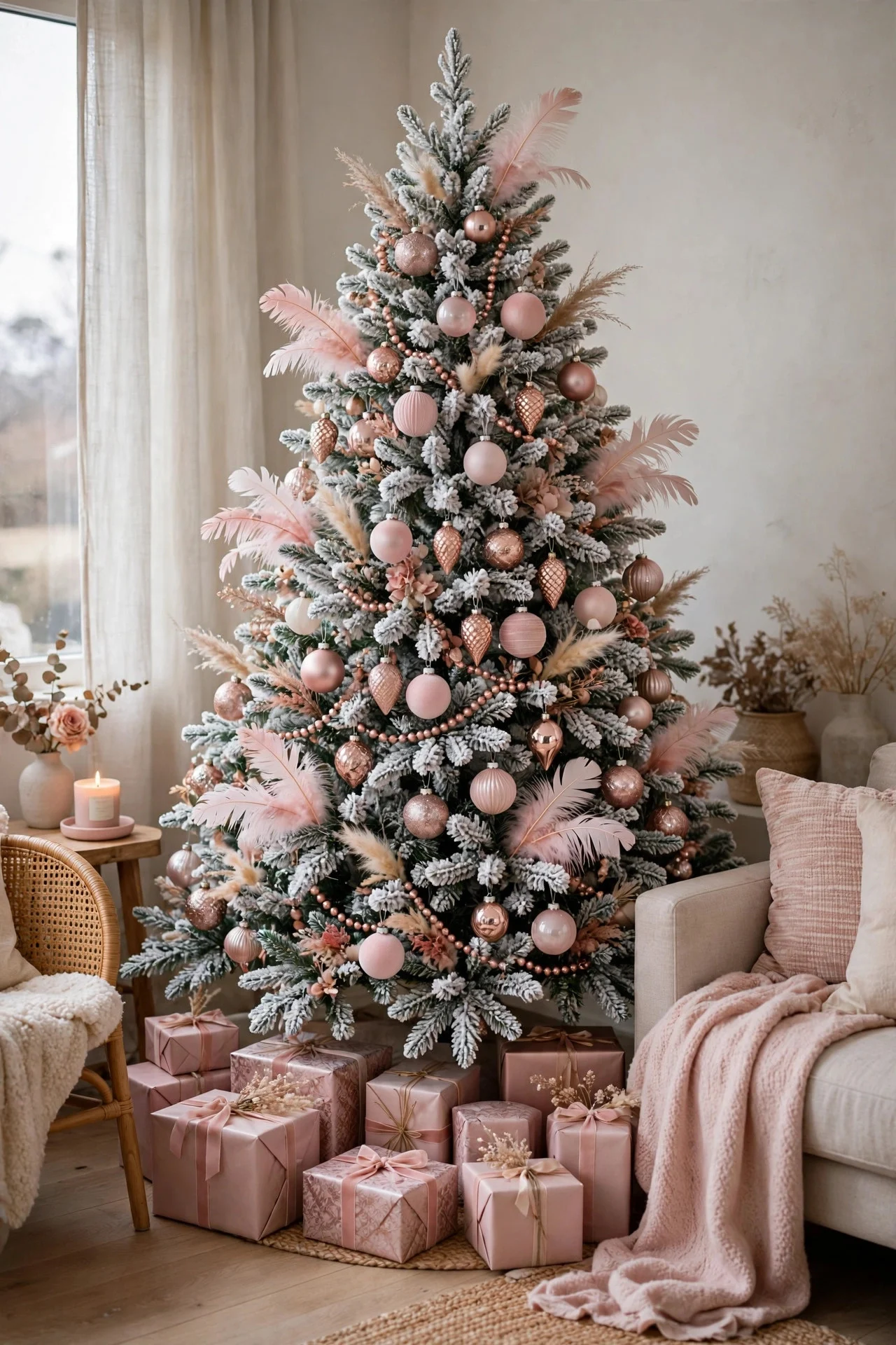 Flocked Christmas tree with blush pink ornaments