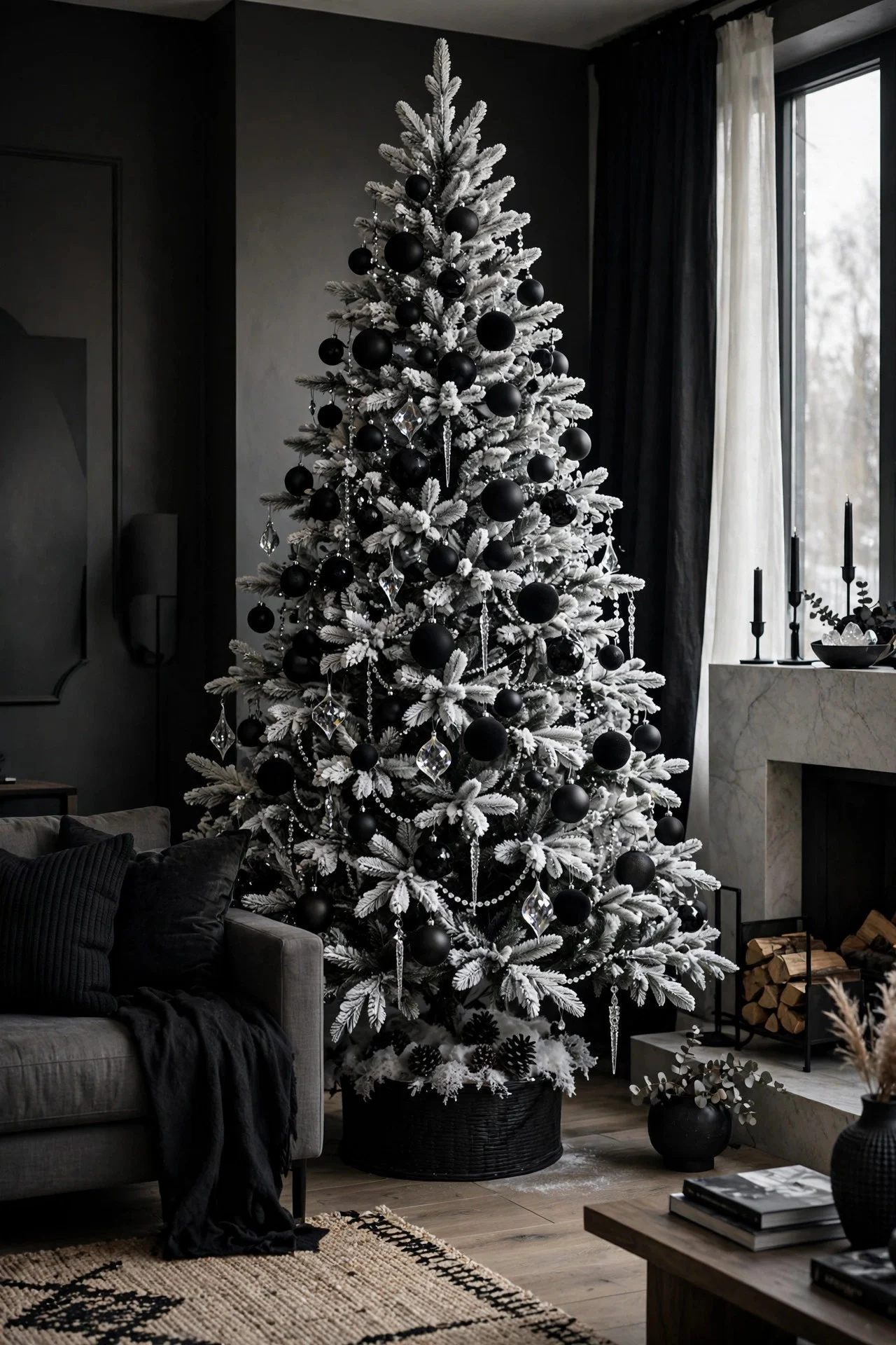 Black and white monochrome flocked Christmas tree