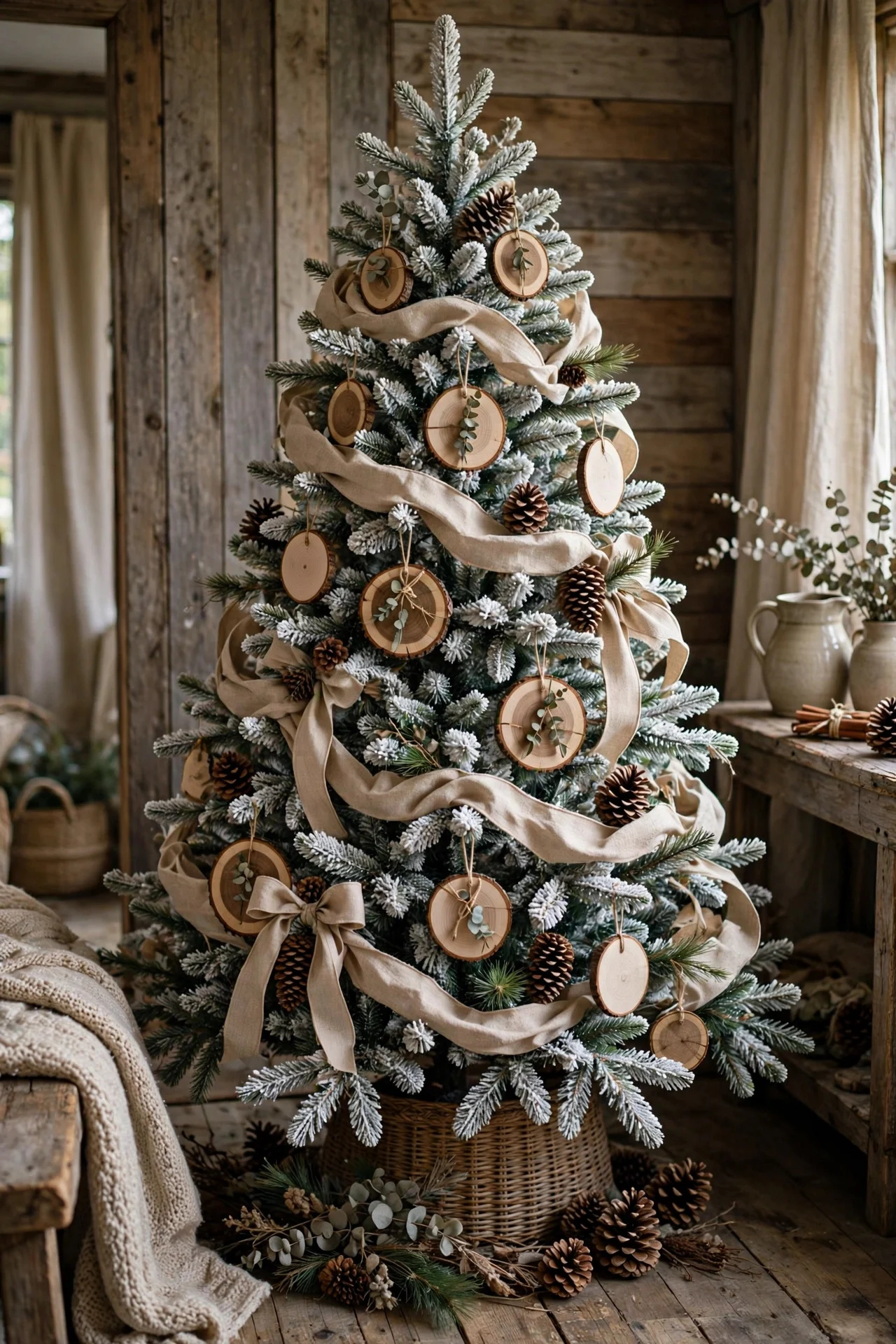 Rustic flocked Christmas tree with wood ornaments