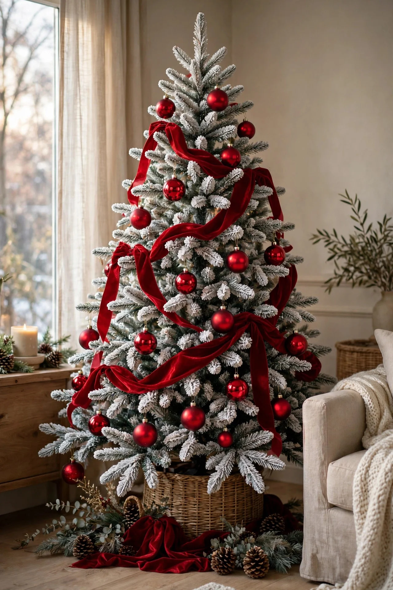 Flocked Christmas tree with classic red ornaments