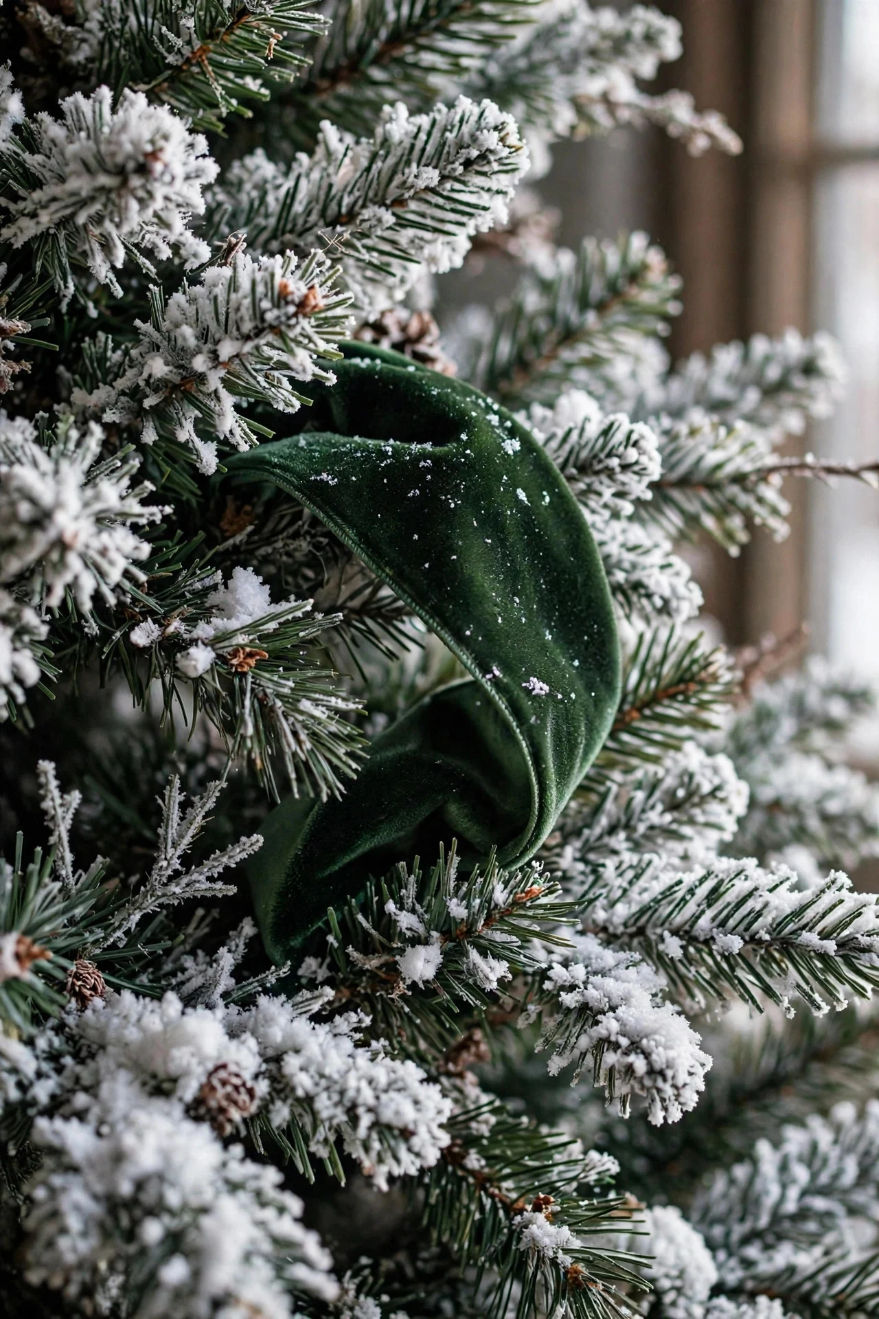 Velvet ribbon tucked deep into flocked branches