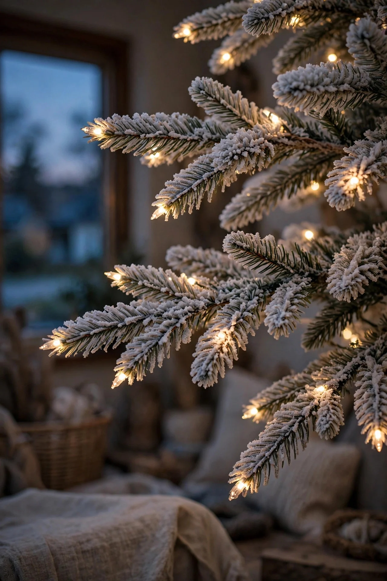 Lights placed toward the tips of flocked branches