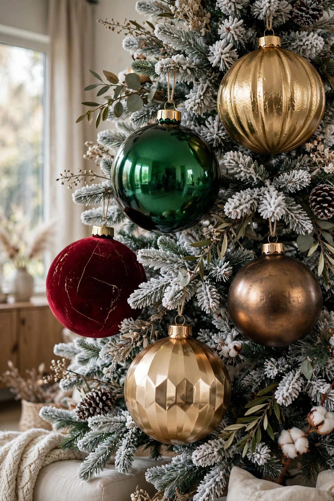 Oversized ornaments on a flocked Christmas tree