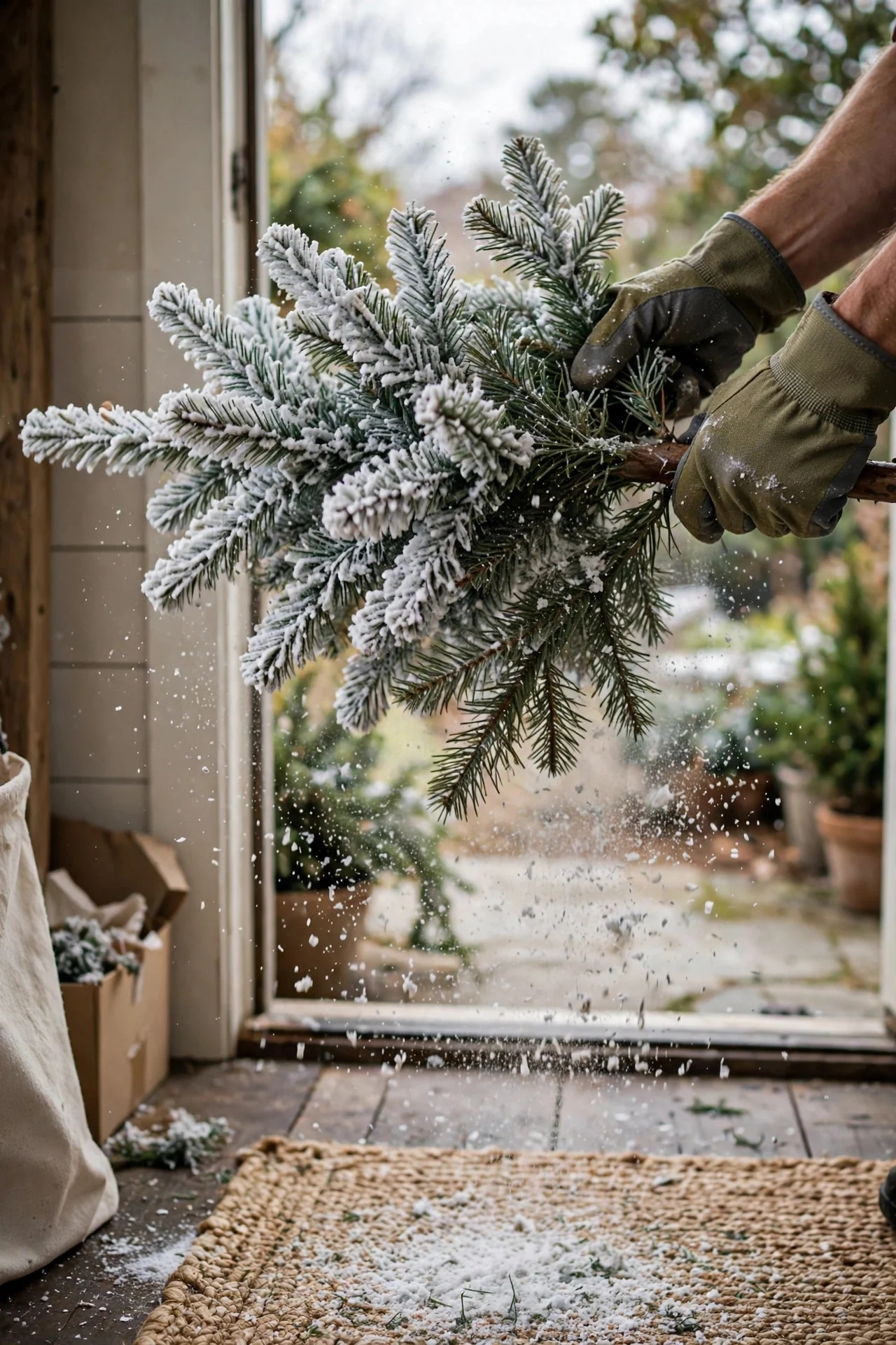 Shaking loose flocking from a Christmas tree outdoors