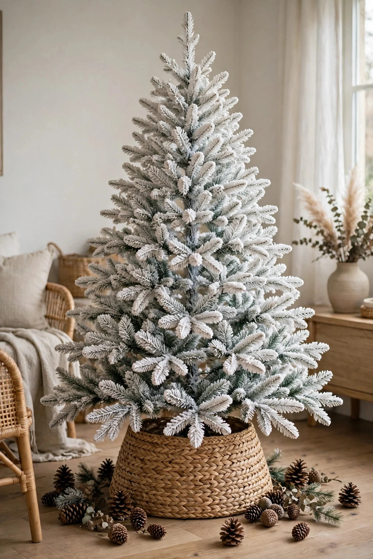 Natural tree collar grounding a flocked Christmas tree