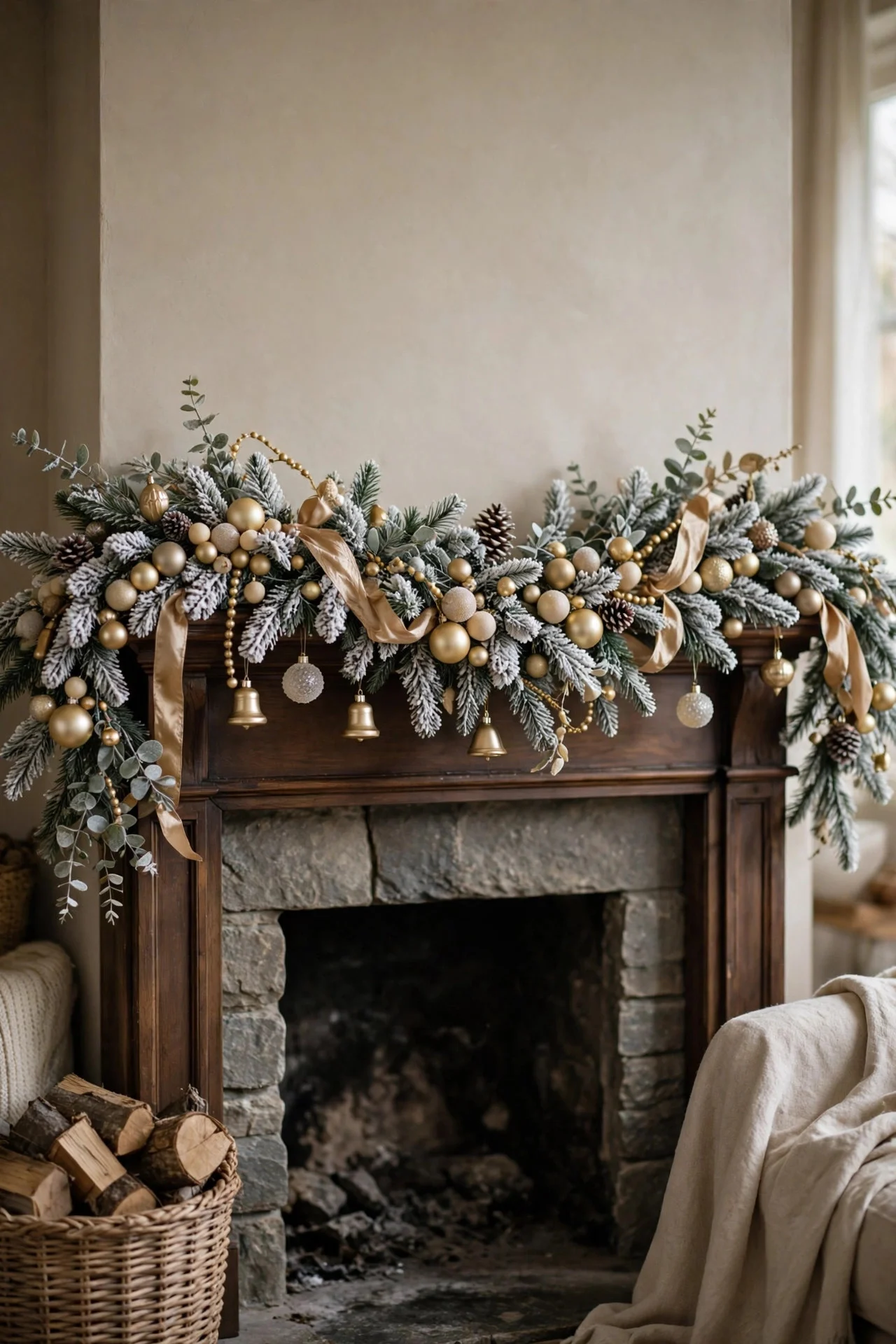 Flocked garland on a mantel matching the tree