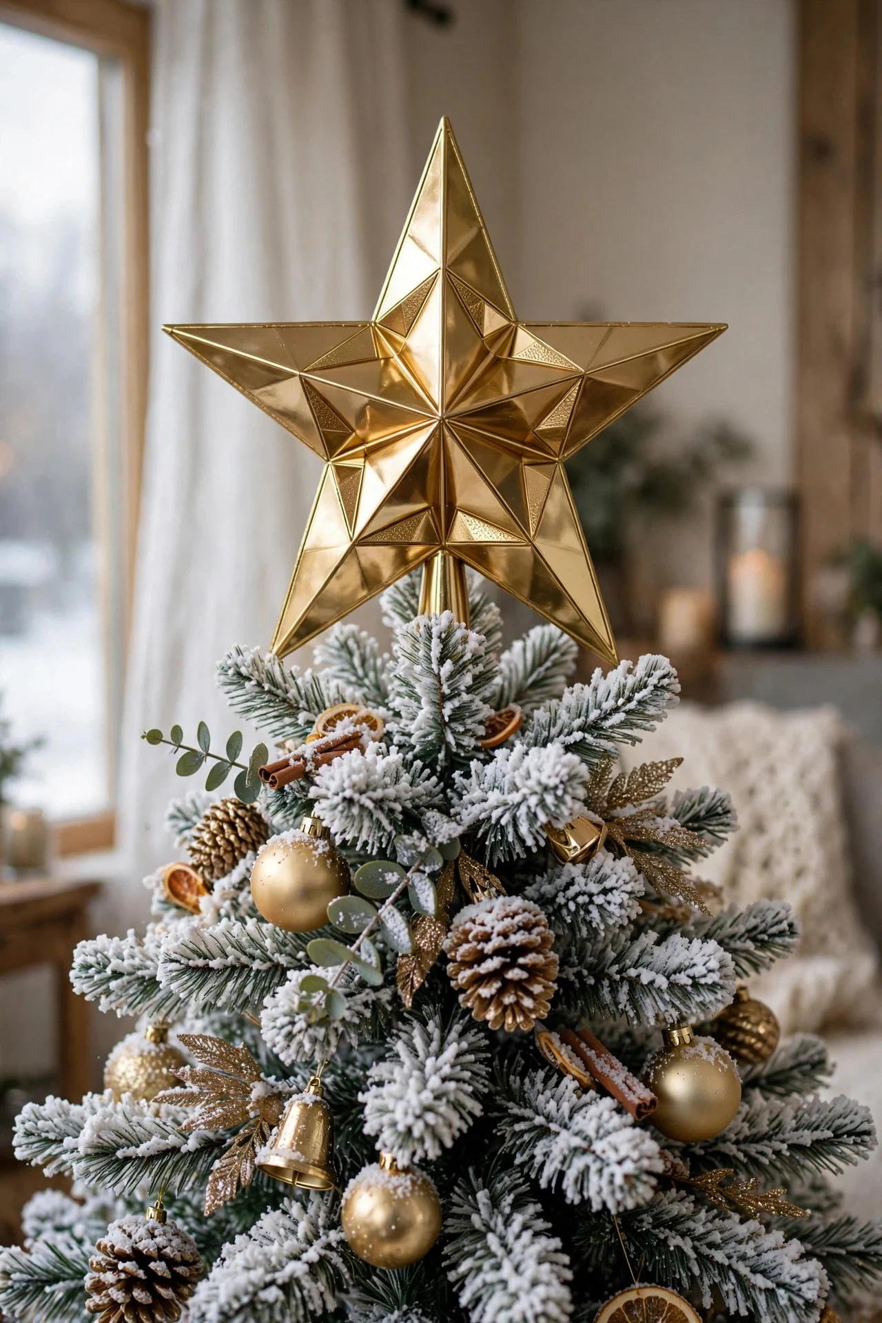 Gold star topper on a flocked Christmas tree