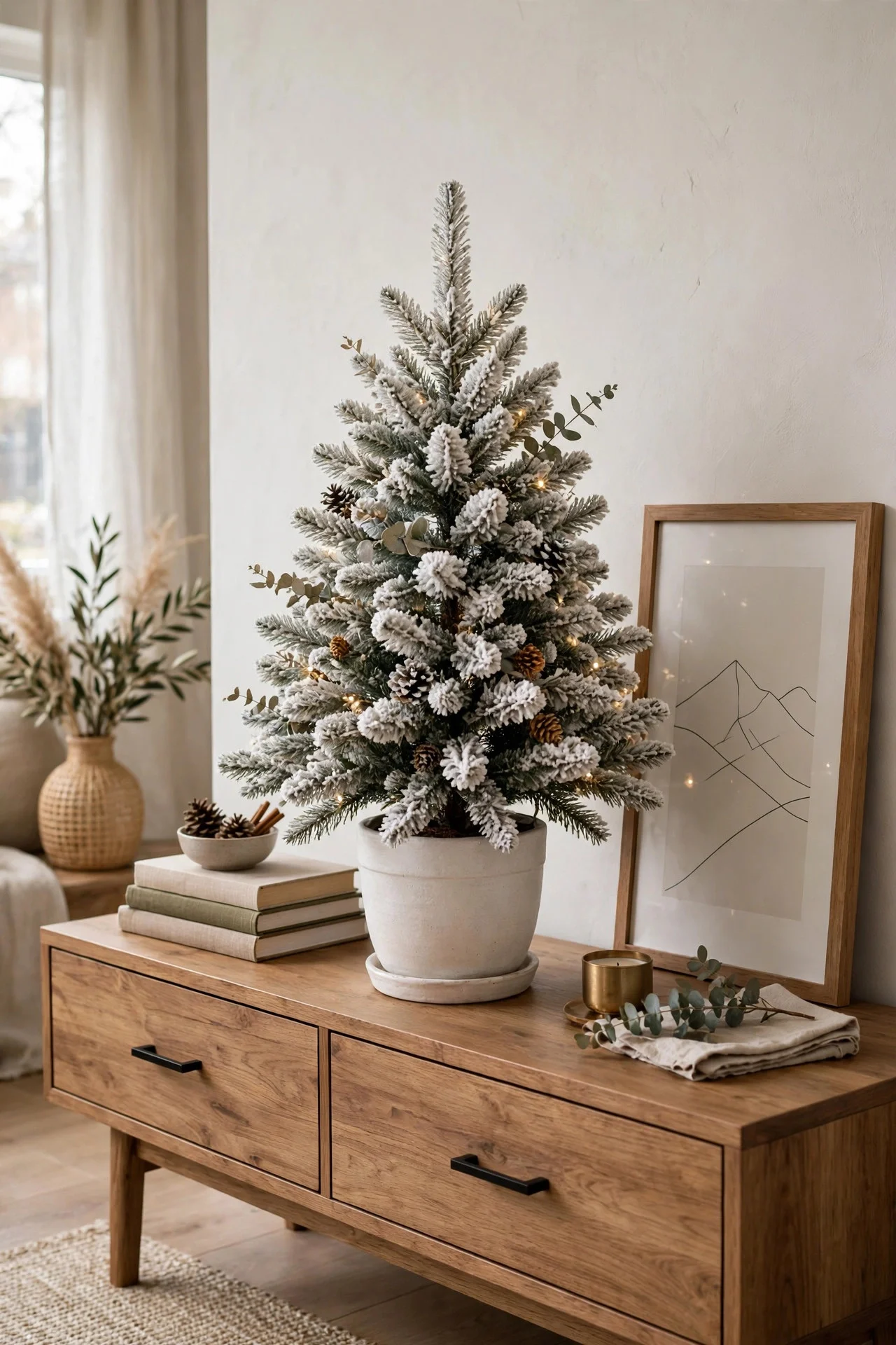 Mini flocked tabletop Christmas tree in a ceramic pot