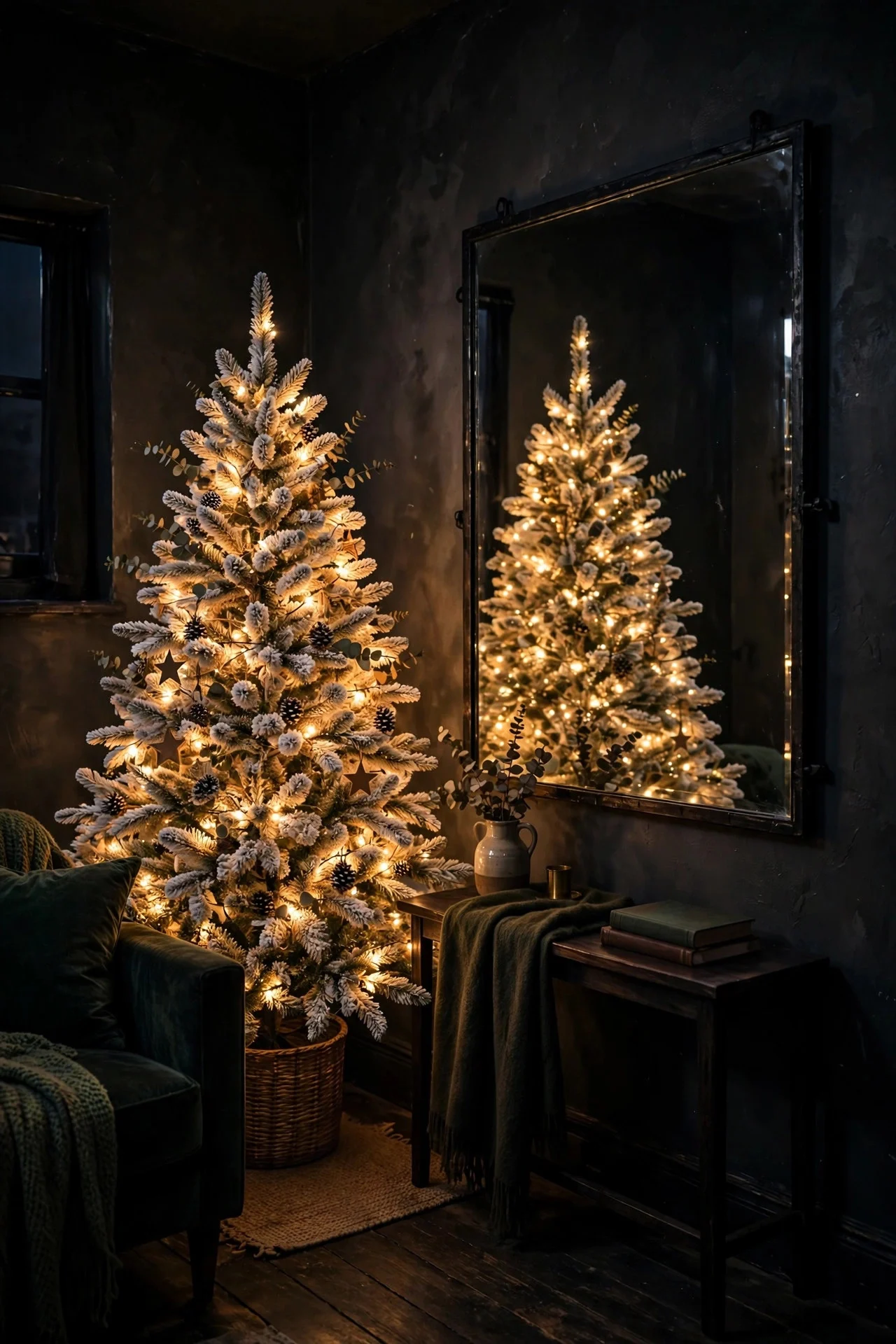 Flocked Christmas tree brightening a small living room