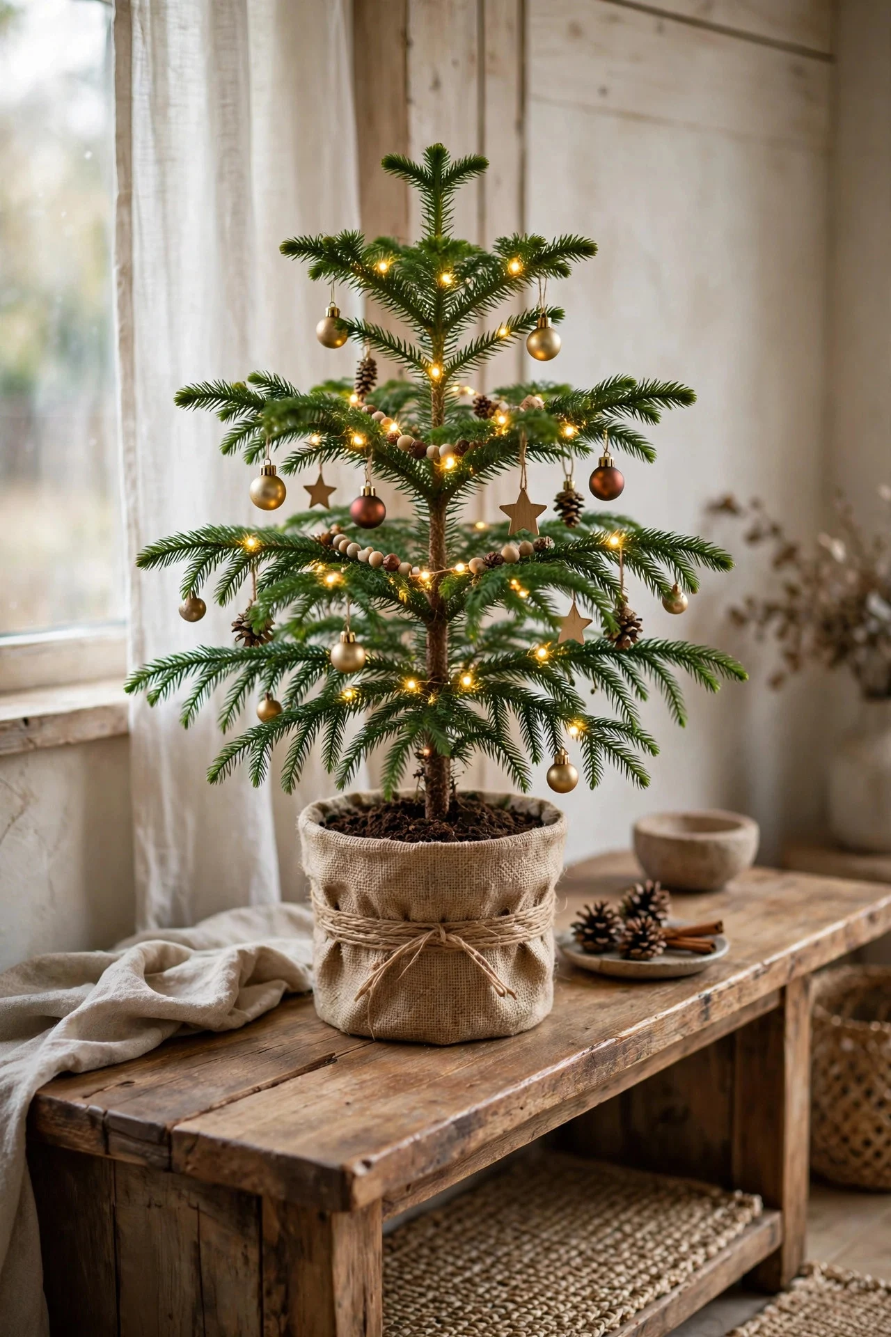 Small potted pine tree decorated as a tabletop Christmas tree