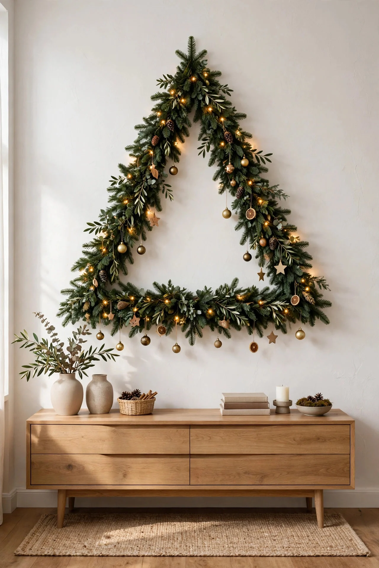 Flat wall-mounted Christmas tree made of evergreen garland