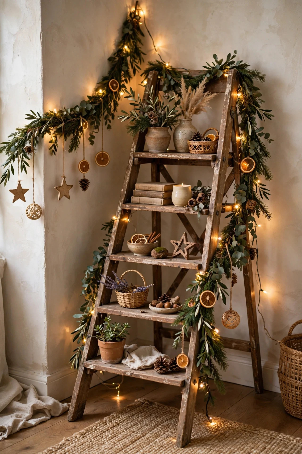 Wooden ladder decorated as a Christmas tree alternative in a corner
