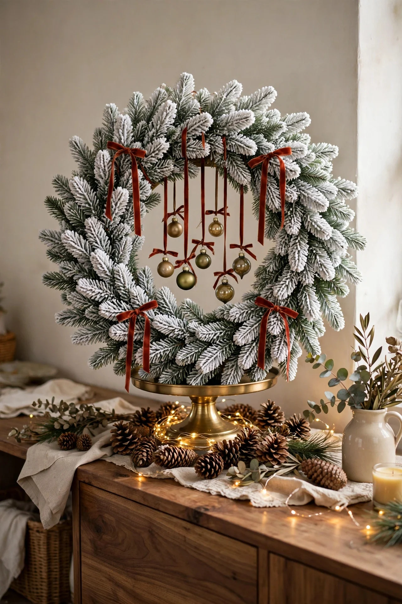 Oversized Christmas wreath on a stand used as a tree alternative
