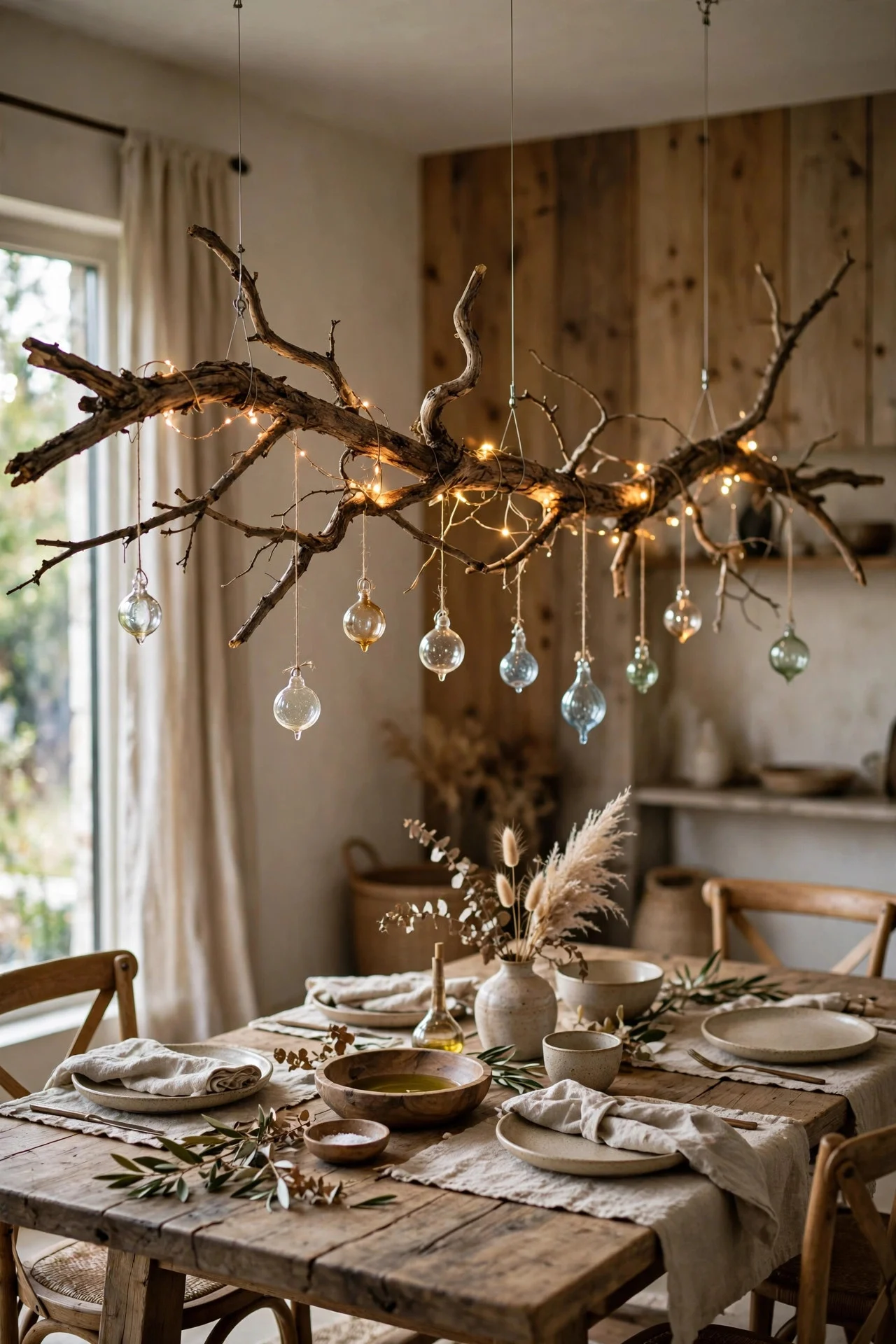 Hanging branch from the ceiling decorated as a floating Christmas tree