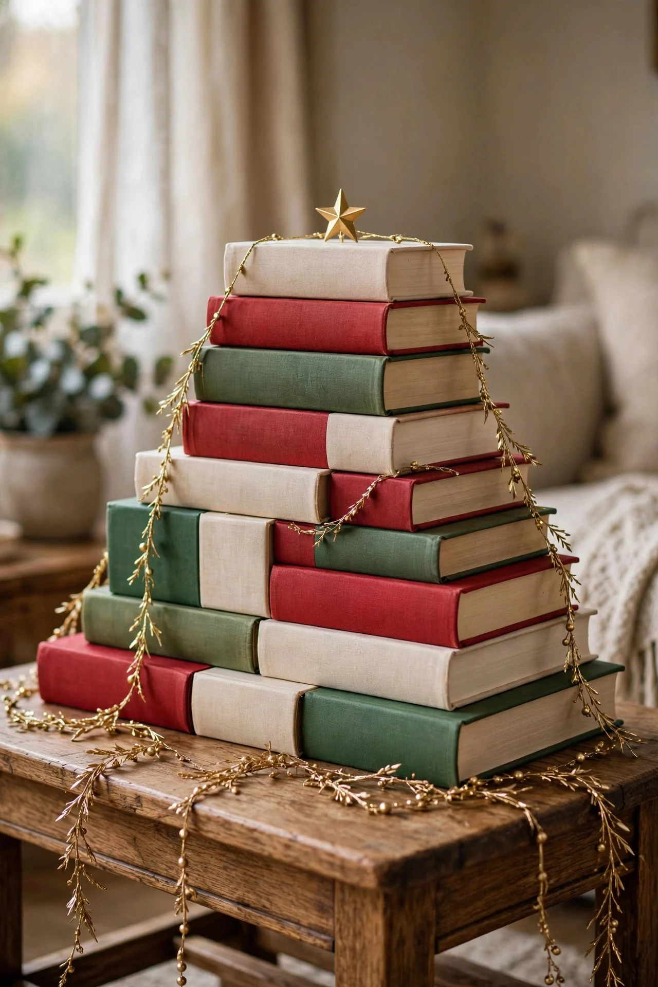Stacked book Christmas tree on a side table