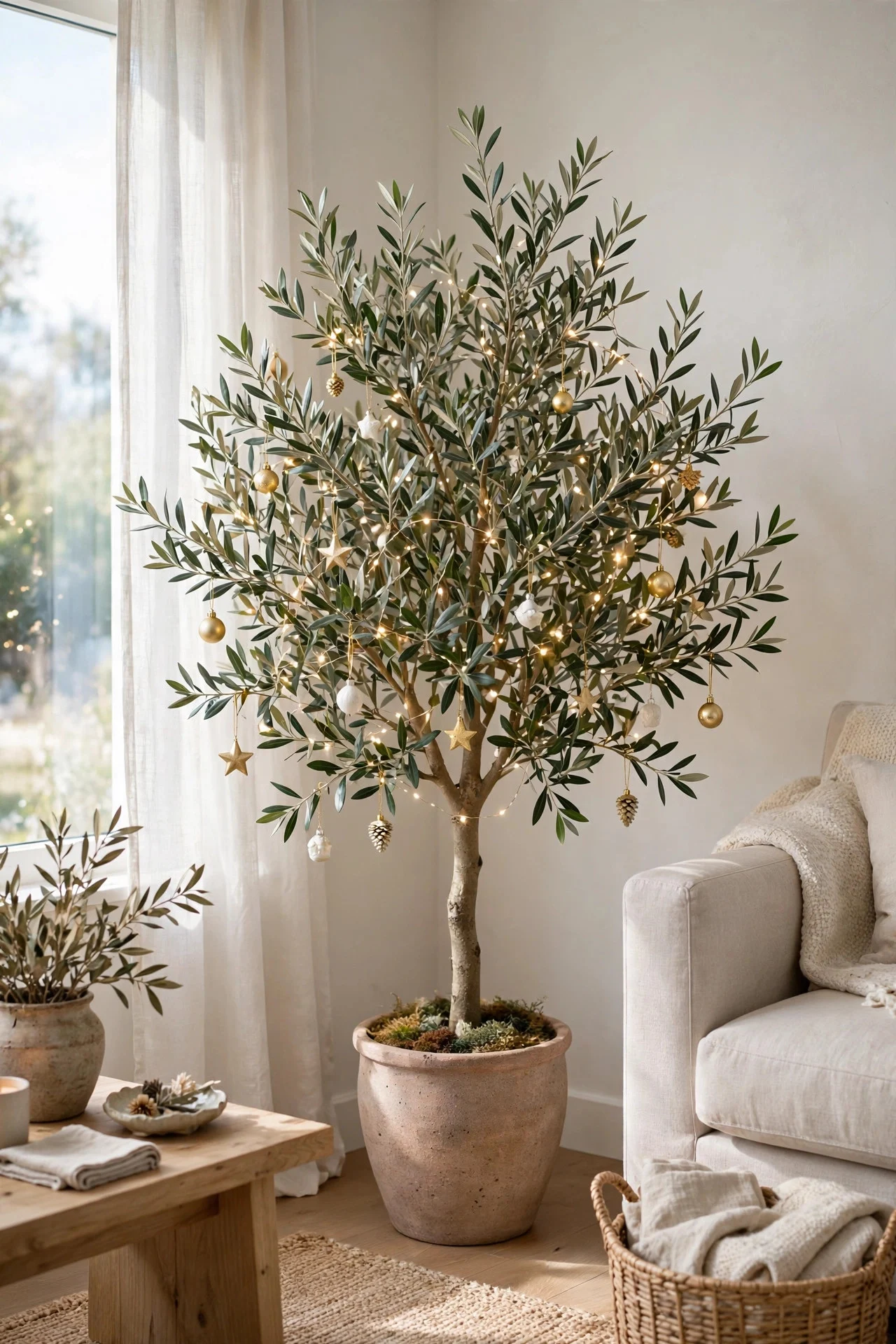 Potted olive tree decorated with gold and white Christmas ornaments
