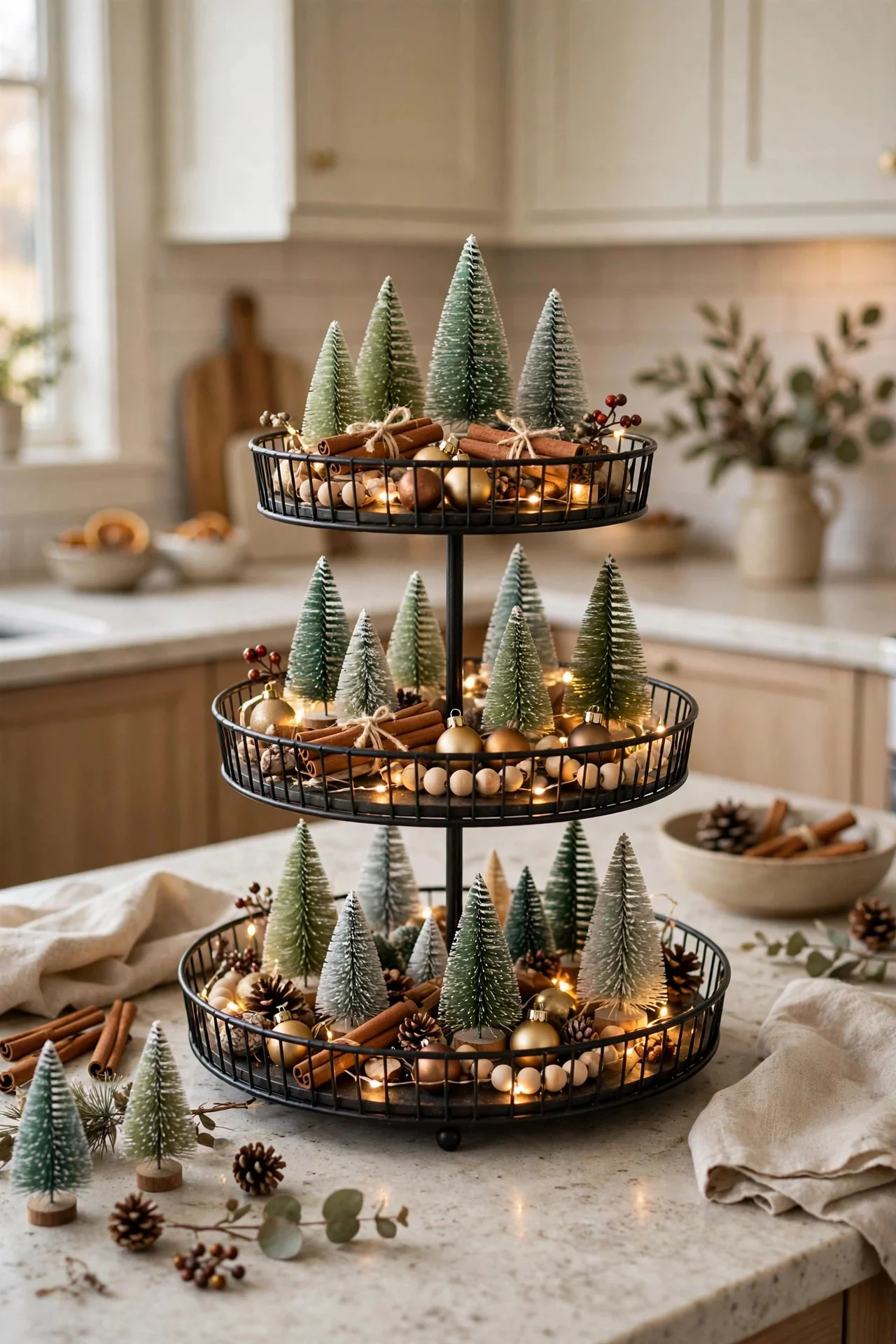 Tiered tray styled as a miniature Christmas tree scene