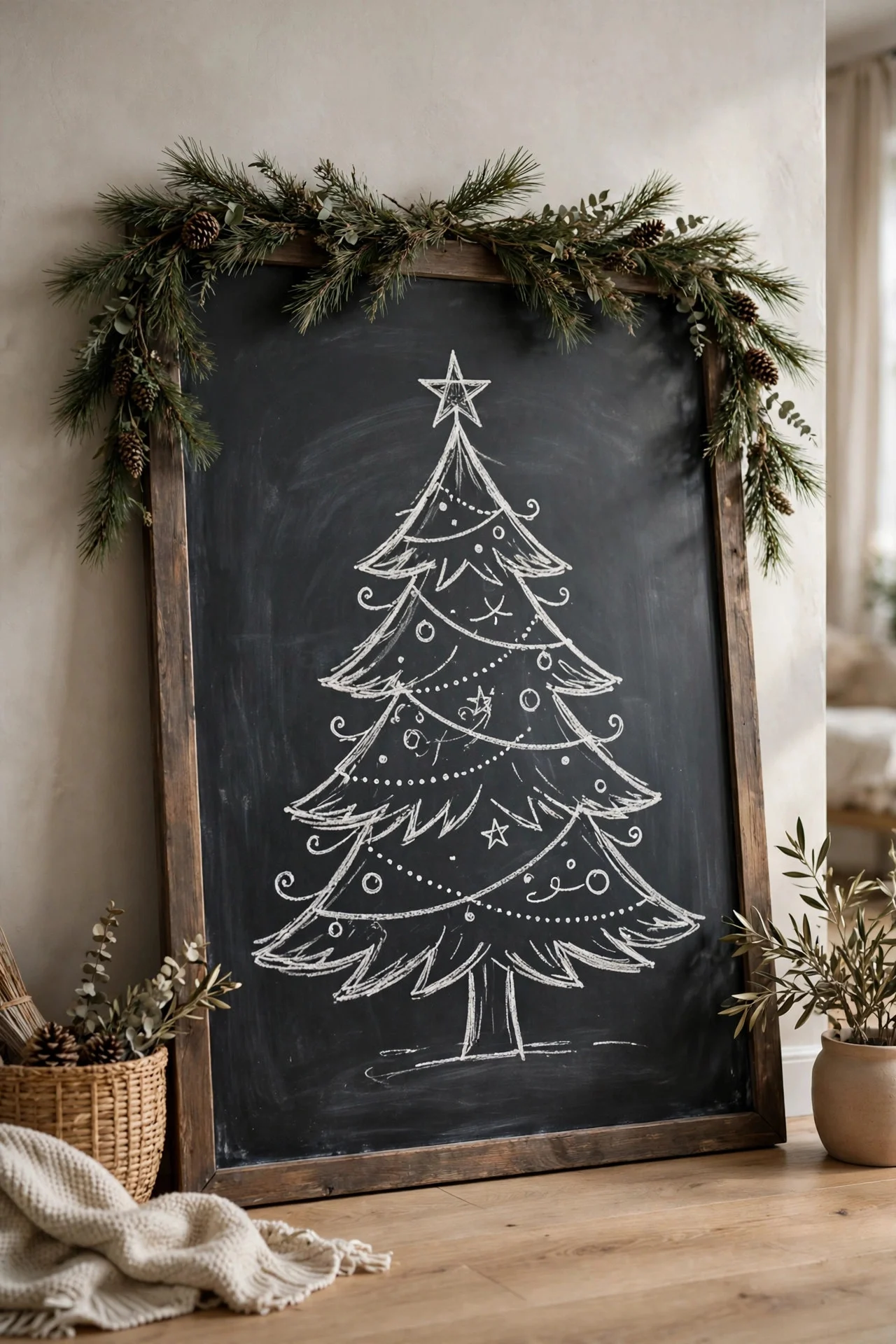 Chalkboard with a hand-drawn Christmas tree leaning against a wall