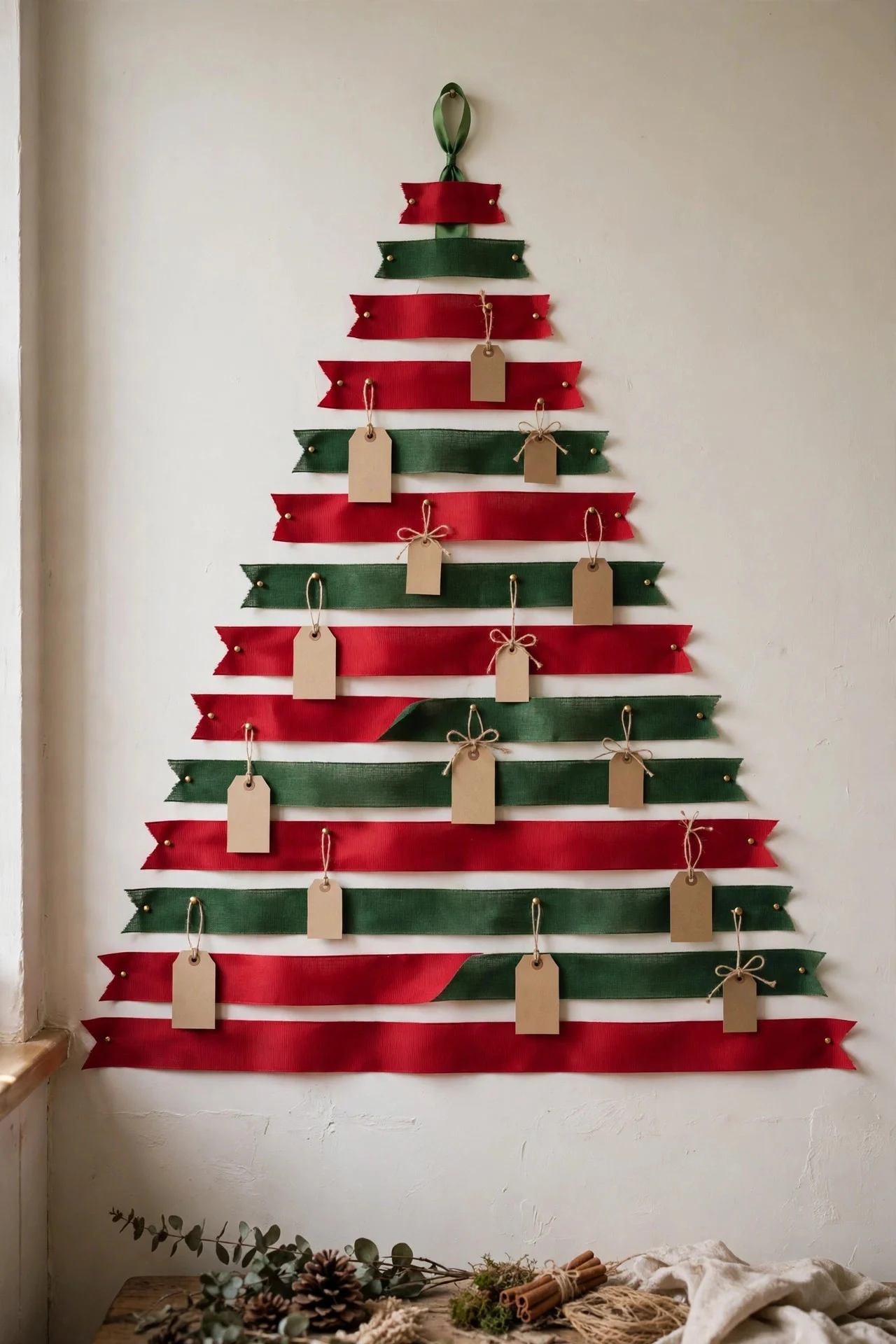 Christmas tree silhouette made of ribbon strips on a wall